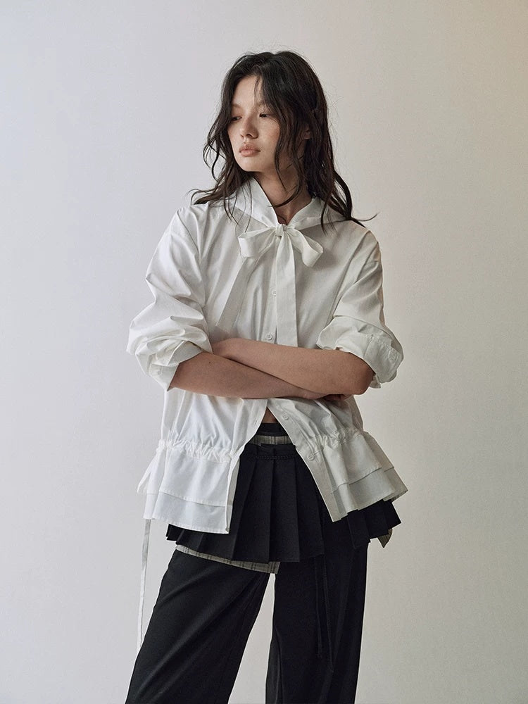 AnnoMundi Lace Collar Tie Hooded Loose Pleated Women White Cotton Tencel Blouse