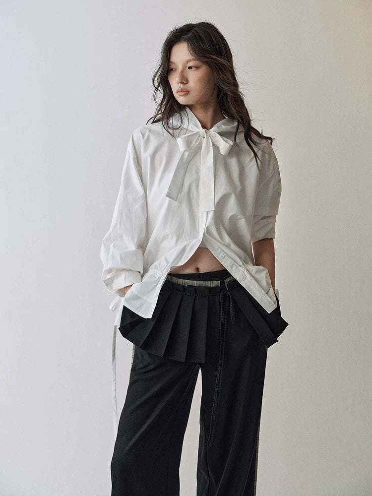 AnnoMundi Lace Collar Tie Hooded Loose Pleated Women White Cotton Tencel Blouse