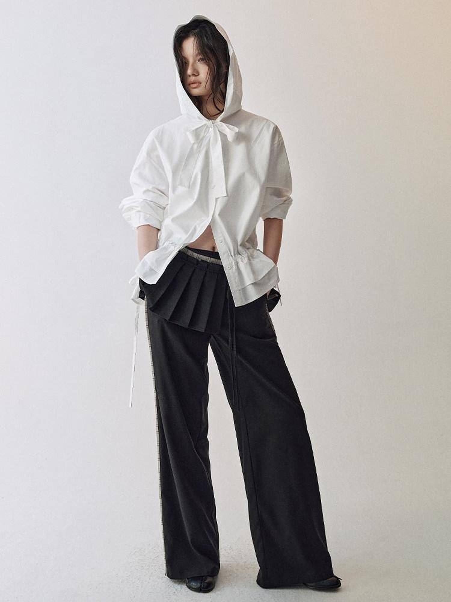 AnnoMundi Lace Collar Tie Hooded Loose Pleated Women White Cotton Tencel Blouse