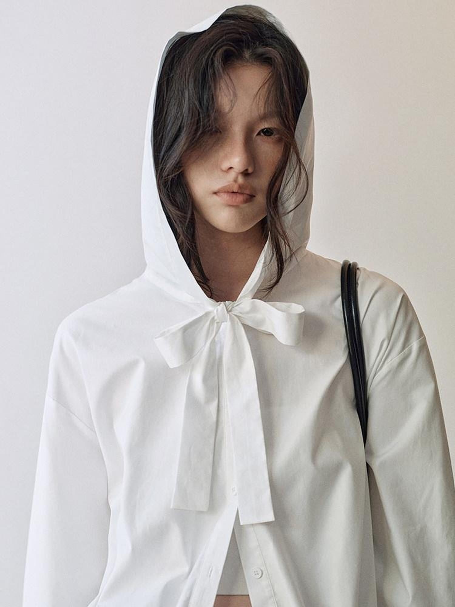 AnnoMundi Lace Collar Tie Hooded Loose Pleated Women White Cotton Tencel Blouse