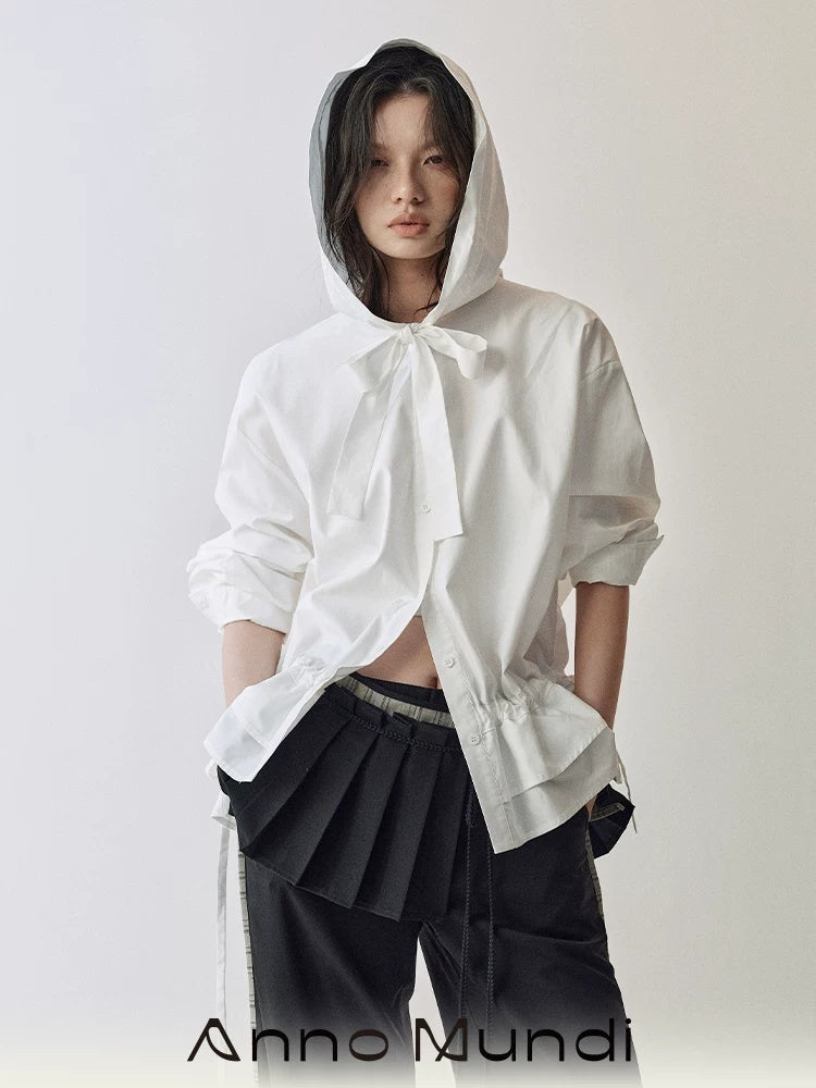 AnnoMundi Lace Collar Tie Hooded Loose Pleated Women White Cotton Tencel Blouse