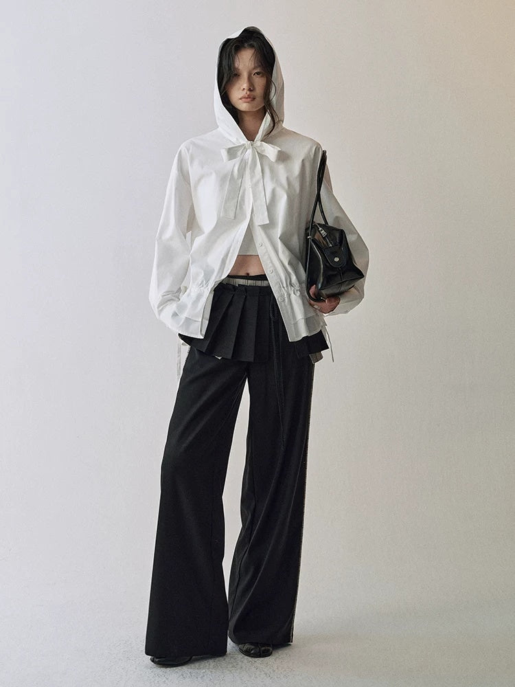 AnnoMundi Lace Collar Tie Hooded Loose Pleated Women White Cotton Tencel Blouse