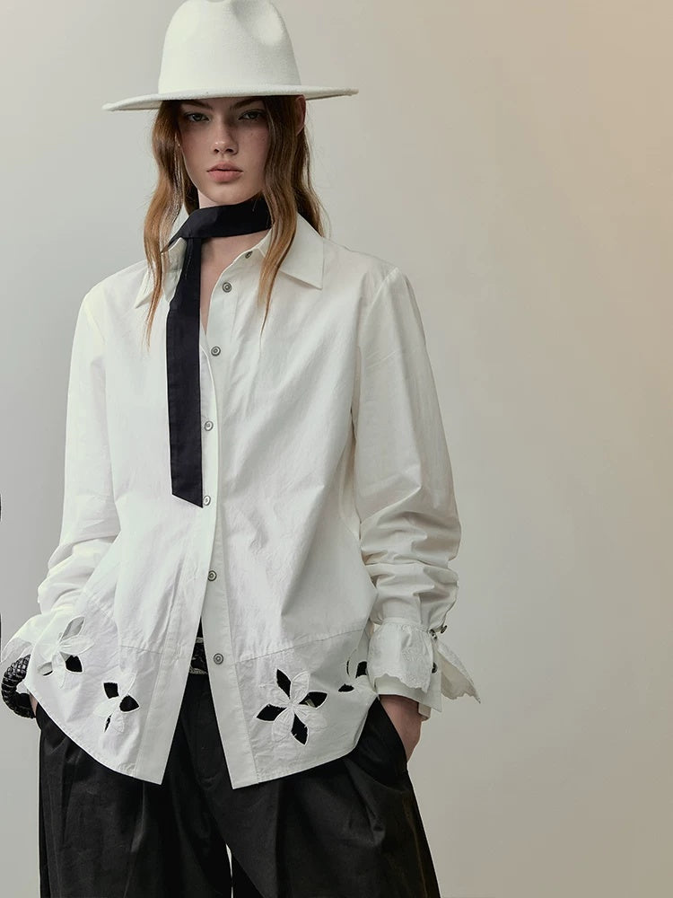 AnnoMundi Lace Embroidered Pure Cotton Slim Fit Collared Casual Women Floral Blouse