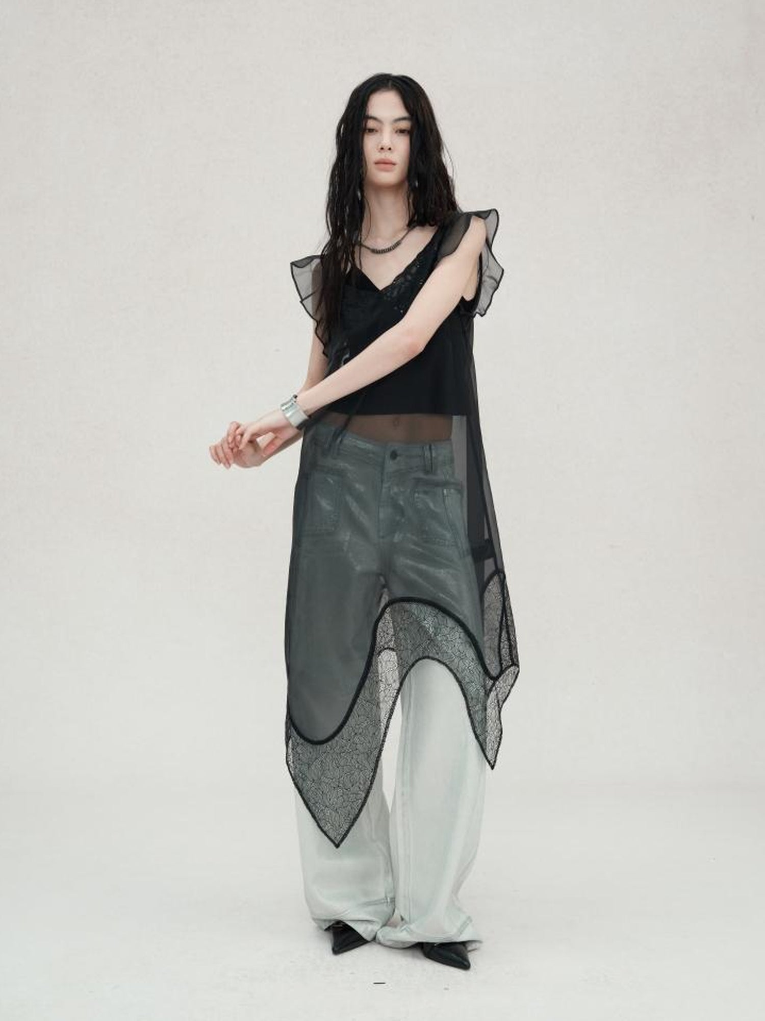 AnnoMundi Lace Embroidered Sheer Mesh Overlay Dress