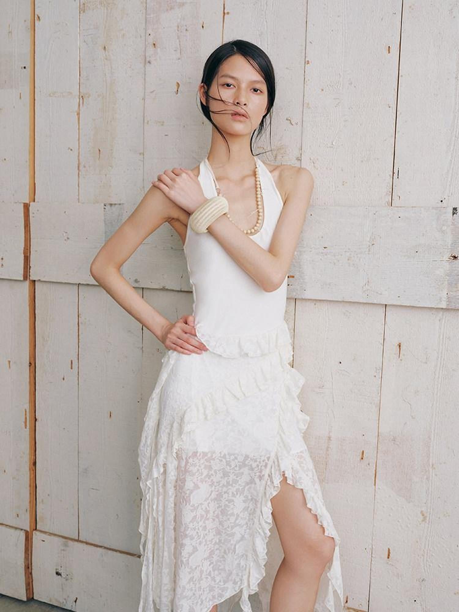 AnnoMundi Lace Halter Asymmetric Hem High Waist Women&