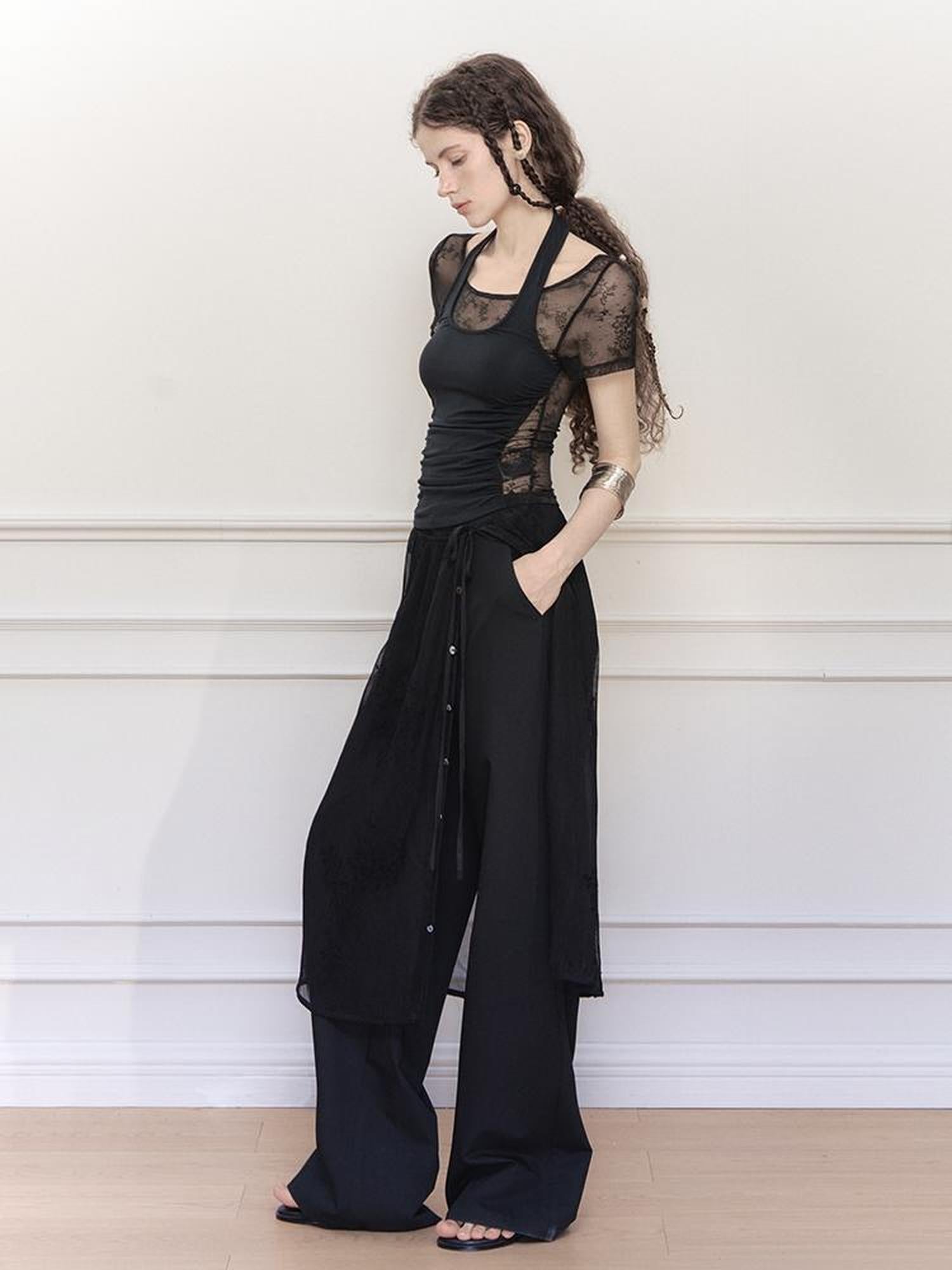 Lace Knit Layered Mock Neck Tee