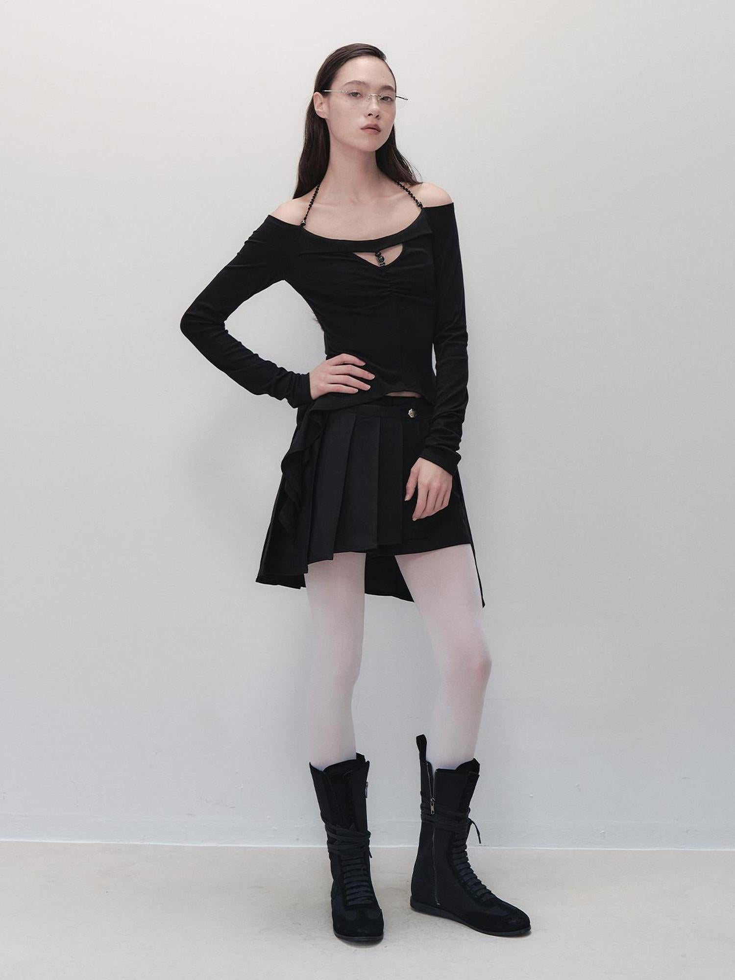 AnnoMundi Lace Trimmed Beaded Off Shoulder Knit Top