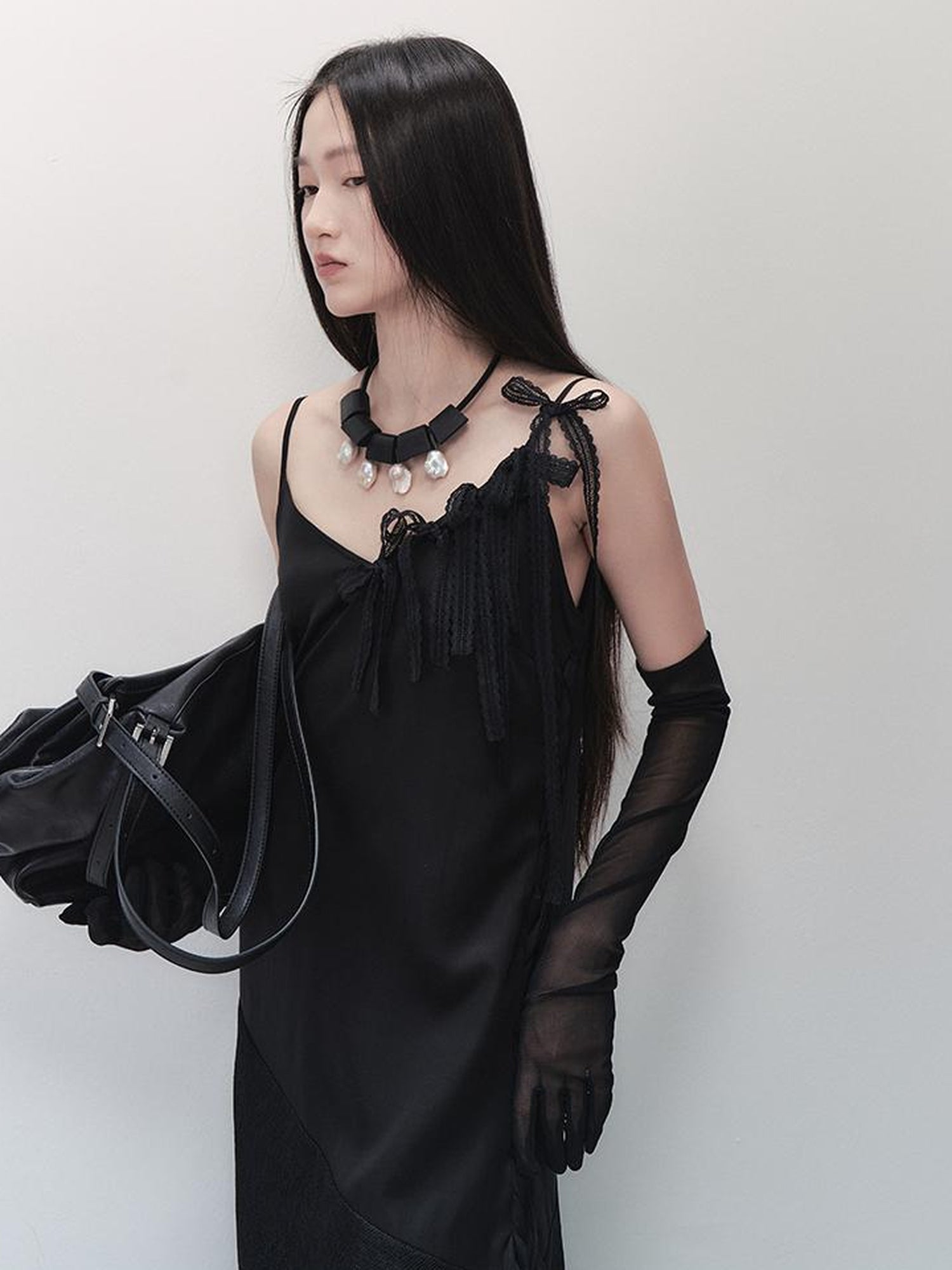 AnnoMundi Lace Trimmed Rayon Slip Dress V-neck T-shirt Long Sleeve