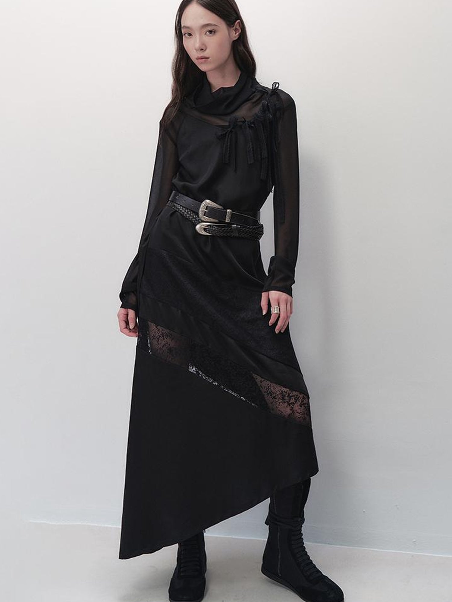 AnnoMundi Lace Trimmed Rayon Slip Dress V-neck T-shirt Long Sleeve