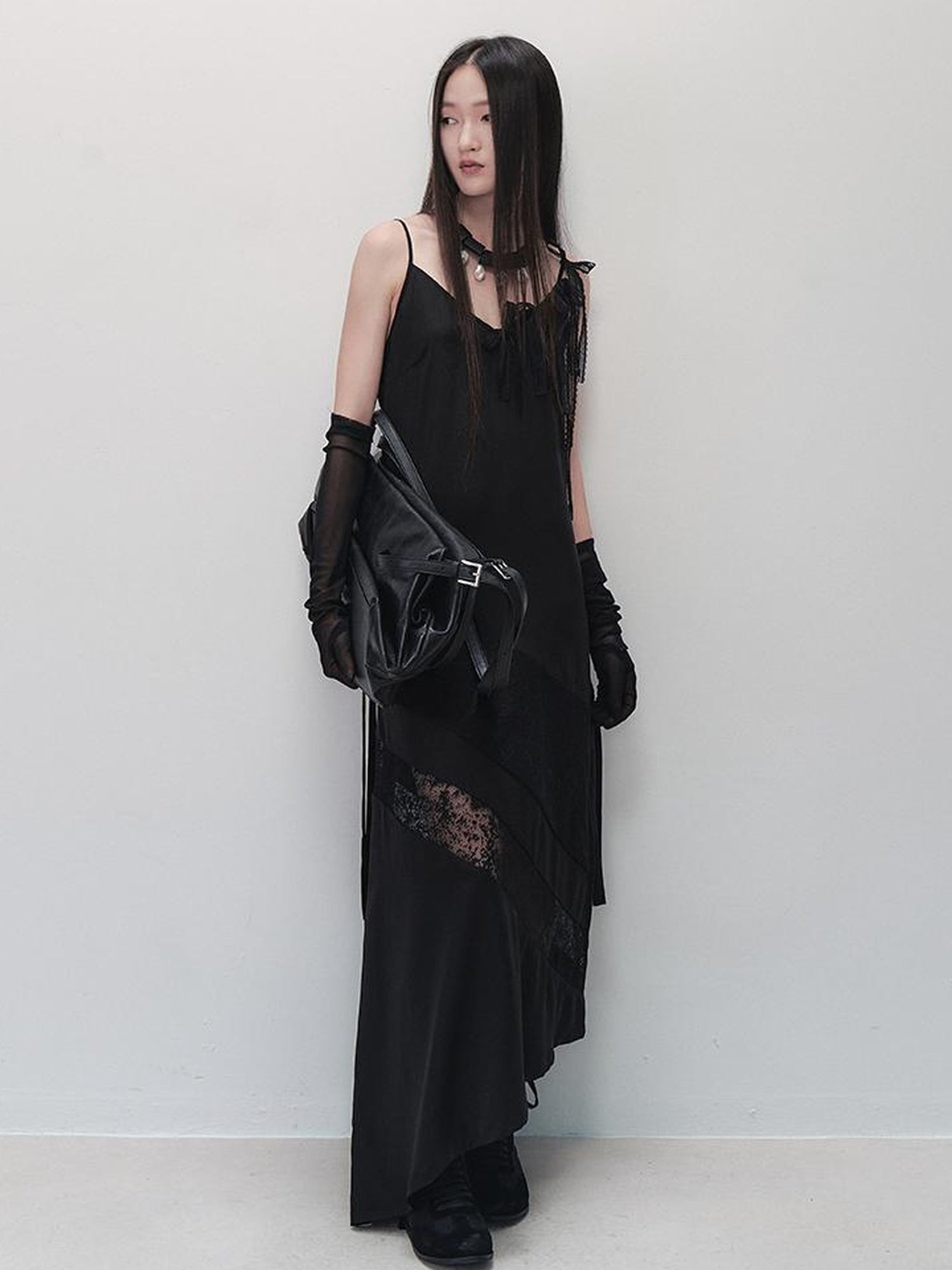 AnnoMundi Lace Trimmed Rayon Slip Dress V-neck T-shirt Long Sleeve