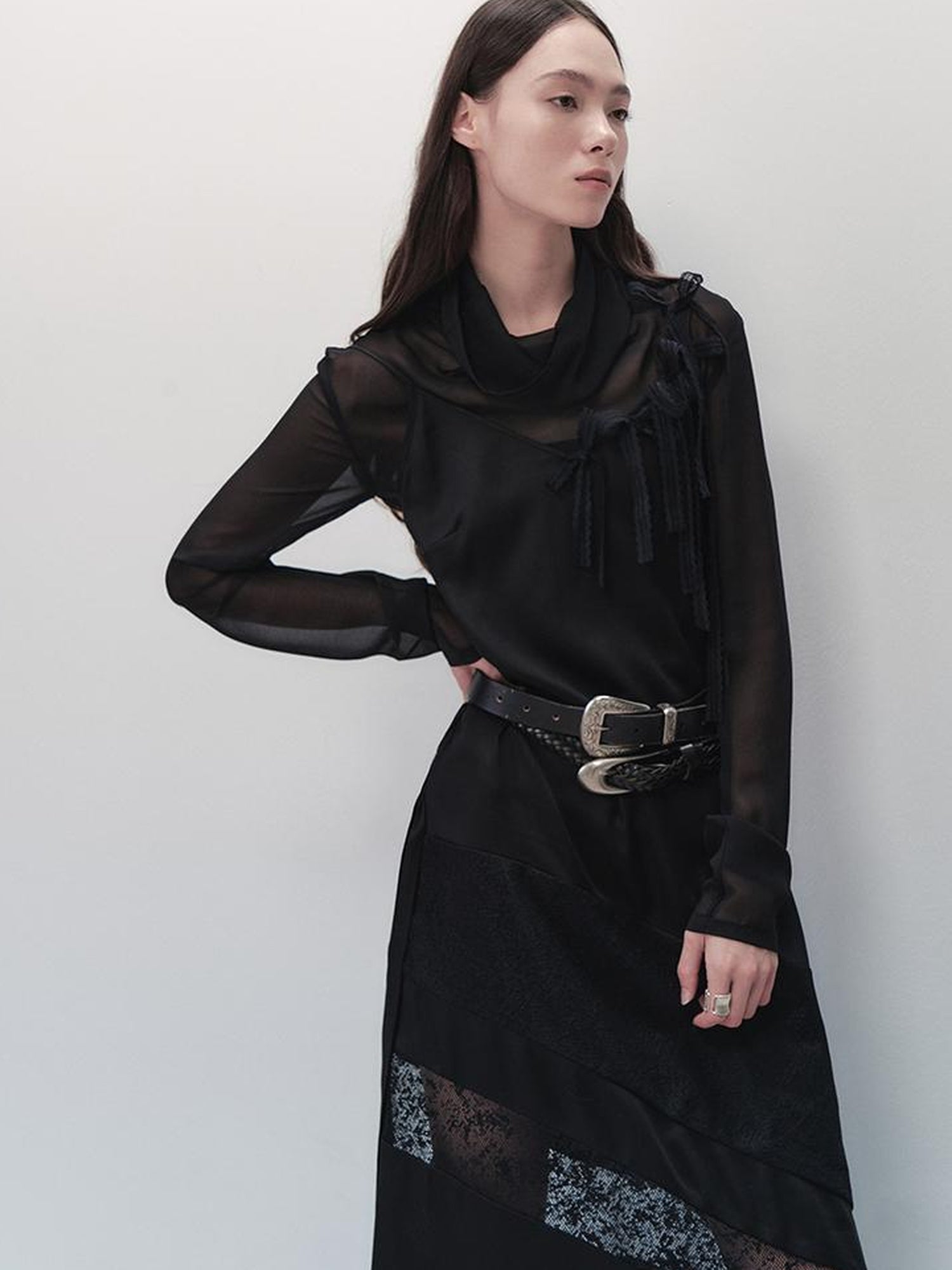AnnoMundi Lace Trimmed Rayon Slip Dress V-neck T-shirt Long Sleeve