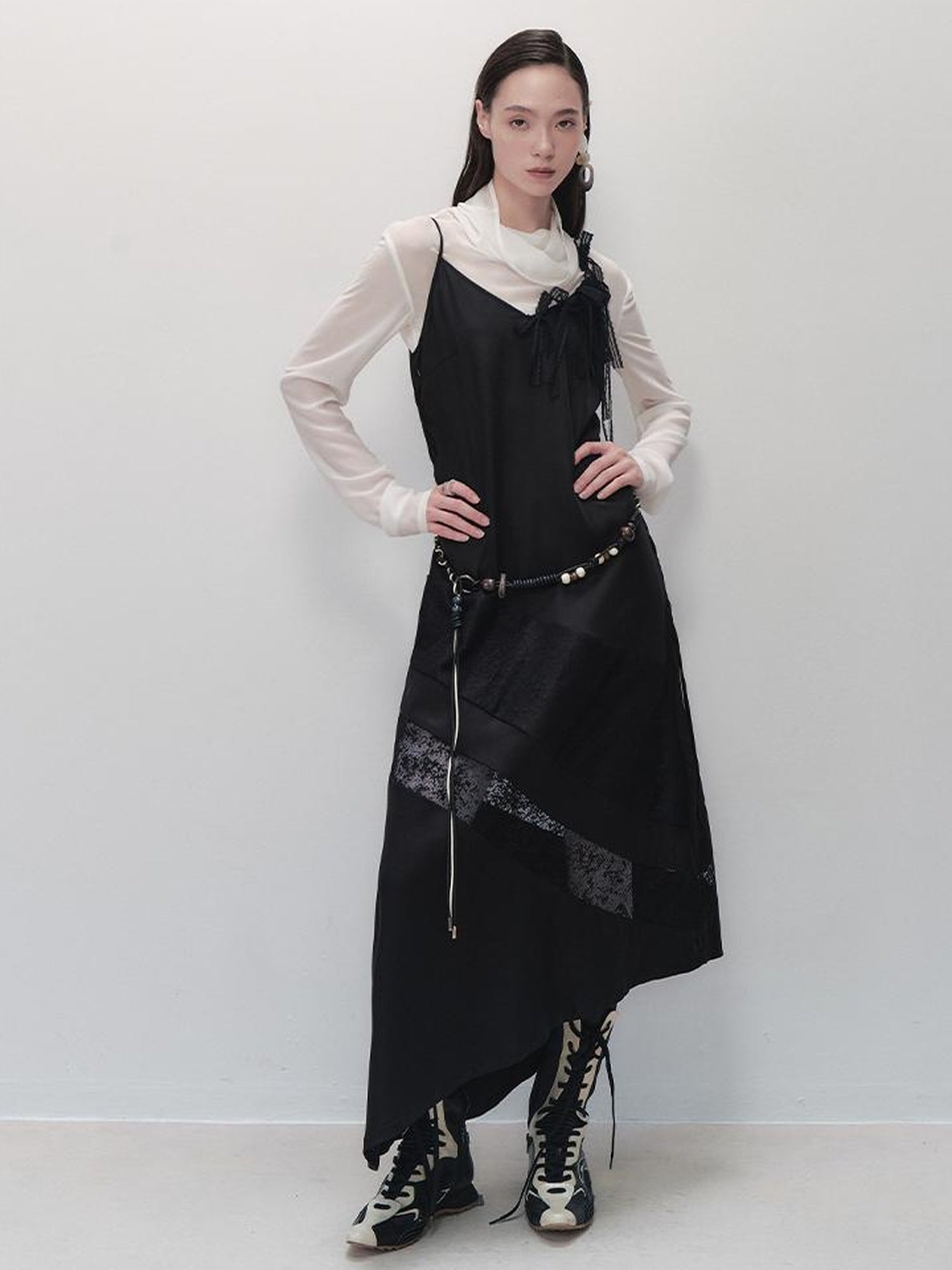 AnnoMundi Lace Trimmed Rayon Slip Dress V-neck T-shirt Long Sleeve