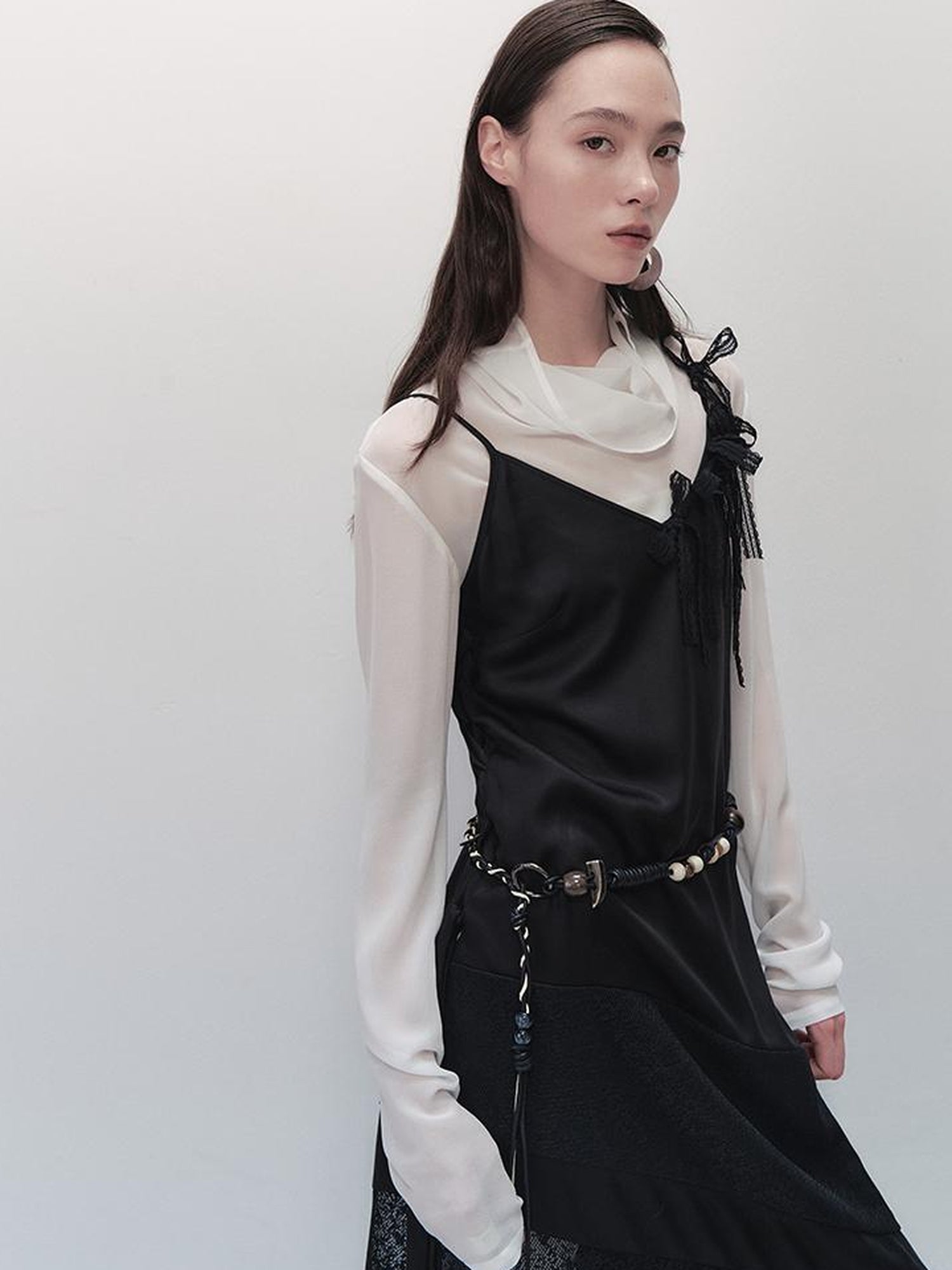 AnnoMundi Lace Trimmed Rayon Slip Dress V-neck T-shirt Long Sleeve