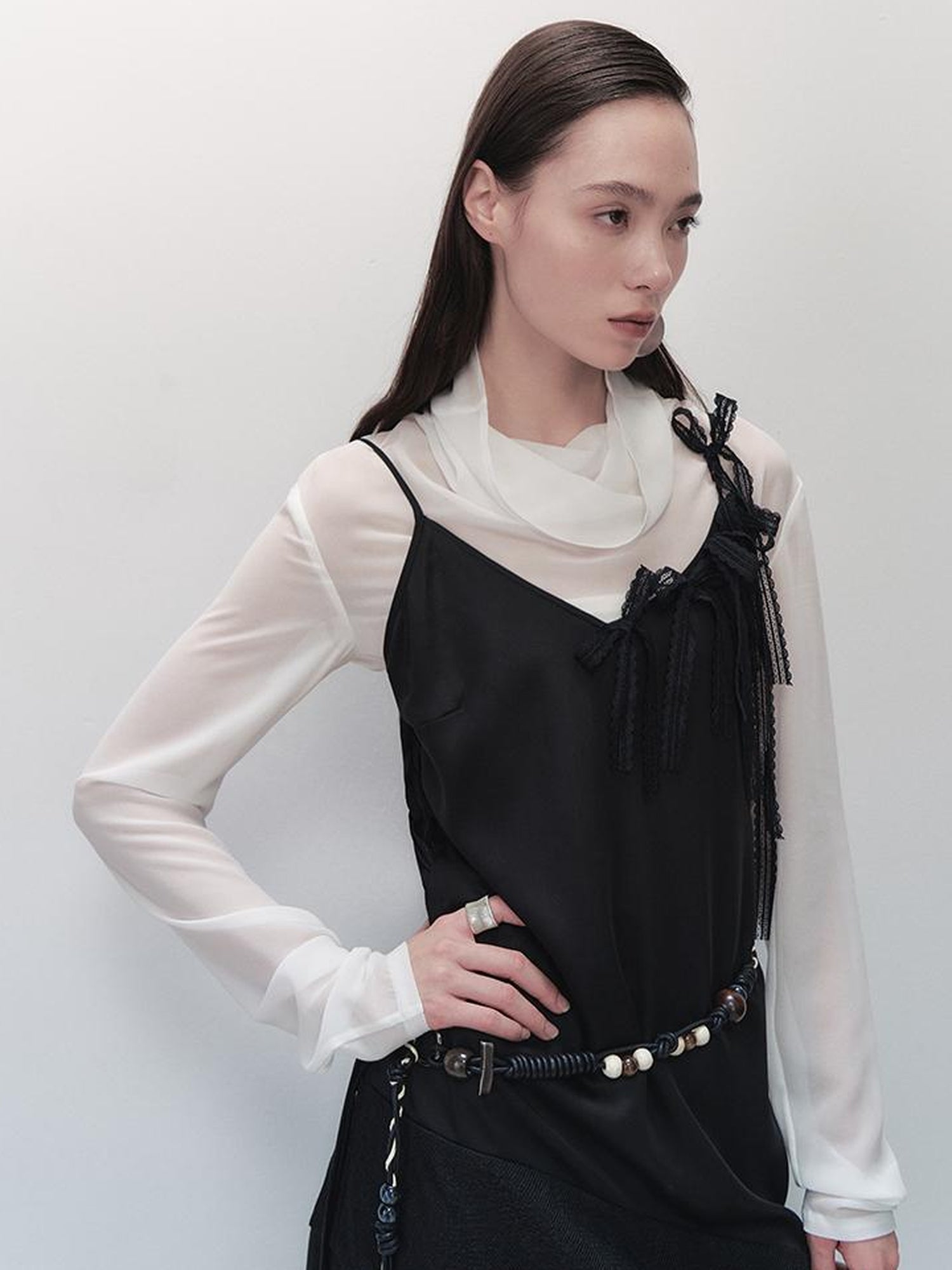 AnnoMundi Lace Trimmed Rayon Slip Dress V-neck T-shirt Long Sleeve