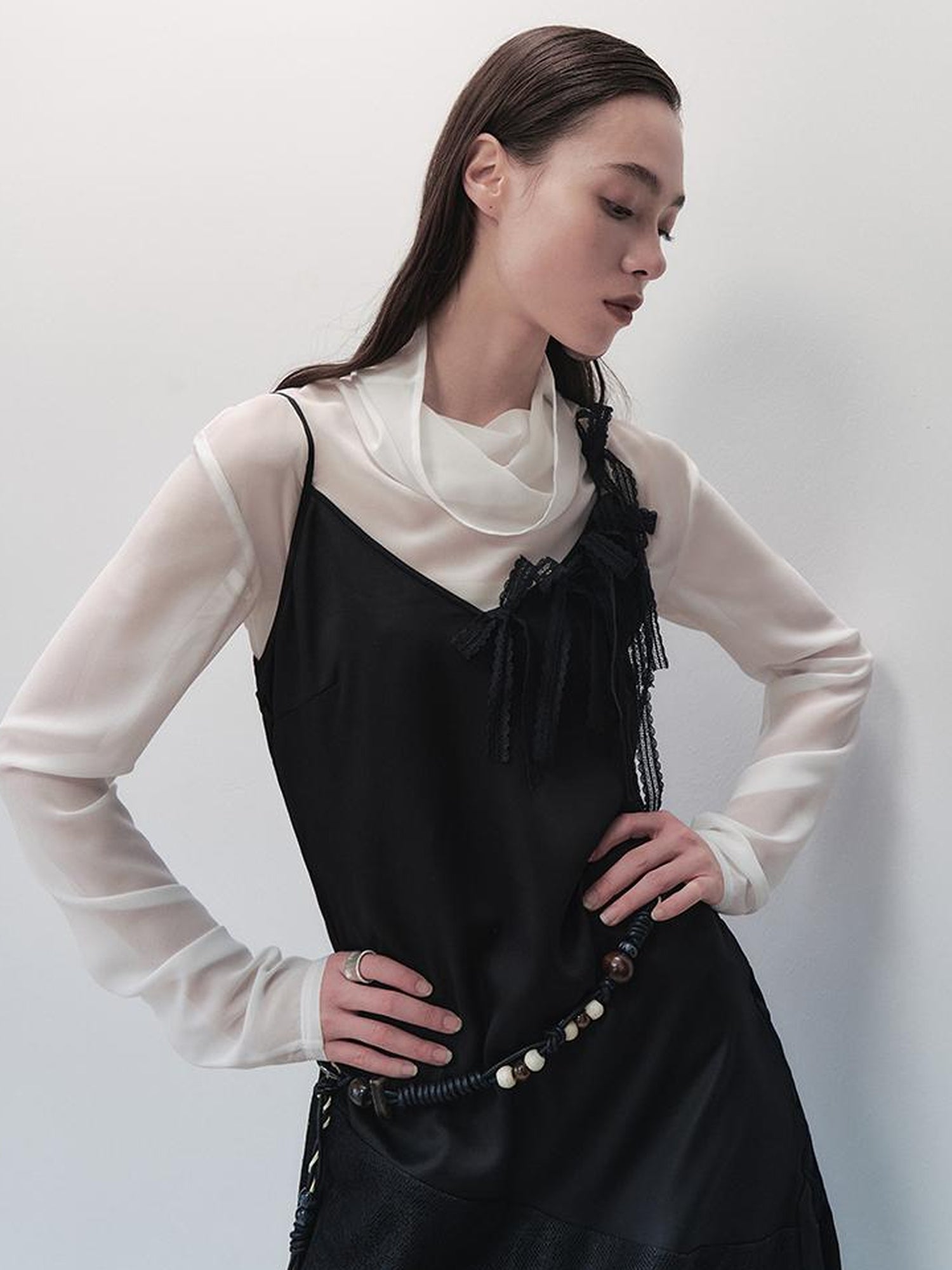 AnnoMundi Lace Trimmed Rayon Slip Dress V-neck T-shirt Long Sleeve