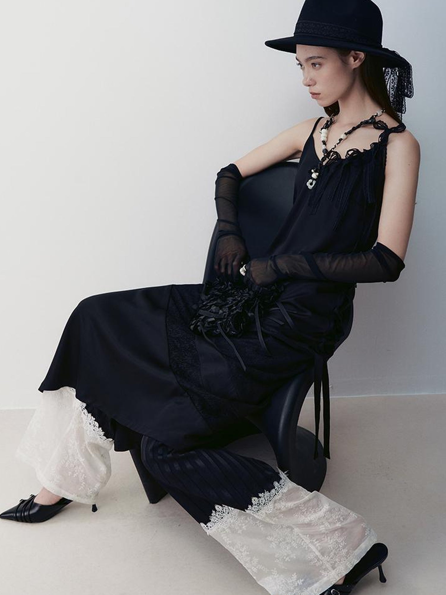 AnnoMundi Lace Trimmed Rayon Slip Dress V-neck T-shirt Long Sleeve