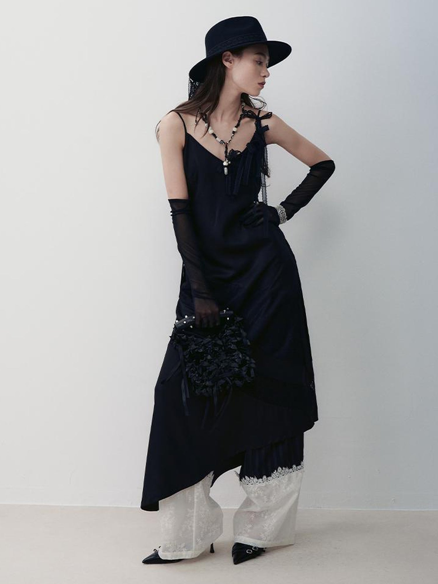 AnnoMundi Lace Trimmed Rayon Slip Dress V-neck T-shirt Long Sleeve