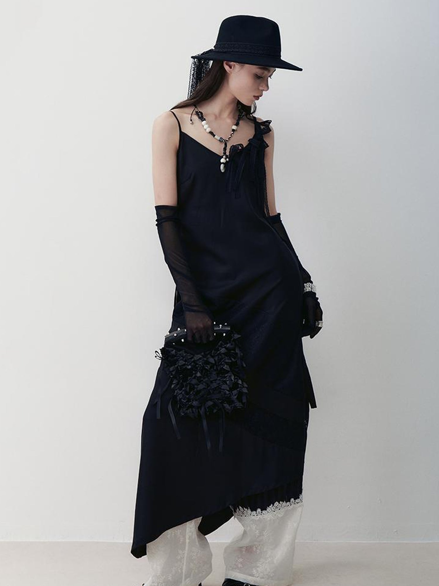 AnnoMundi Lace Trimmed Rayon Slip Dress V-neck T-shirt Long Sleeve