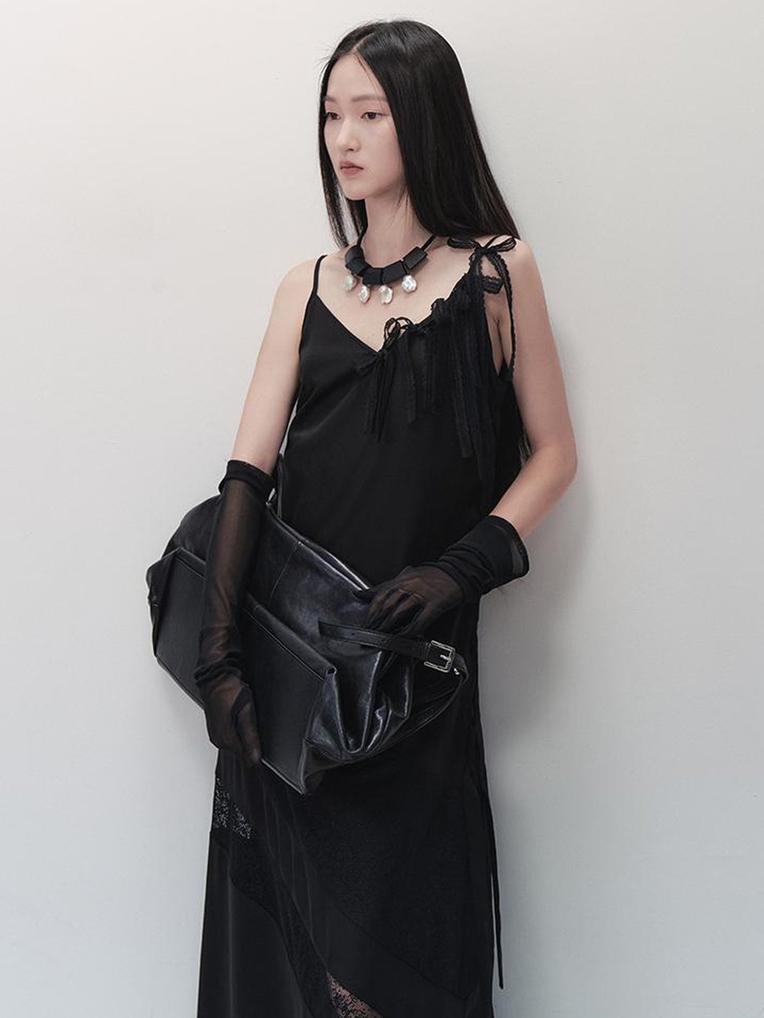 AnnoMundi Lace Trimmed Rayon Slip Dress V-neck T-shirt Long Sleeve