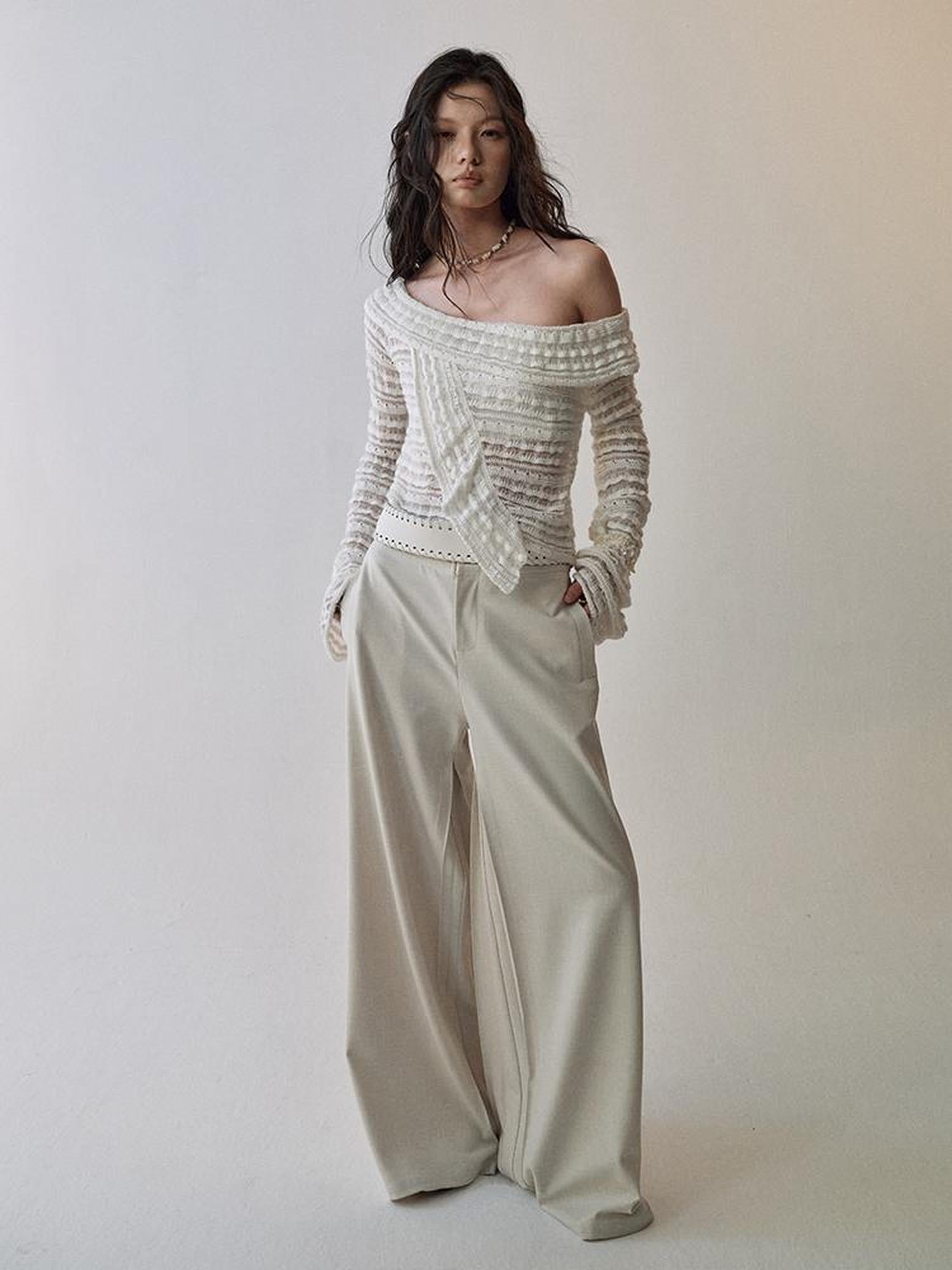 AnnoMundi Lace Trimmed Semi Sheer Knitted Bardot V Neck Top