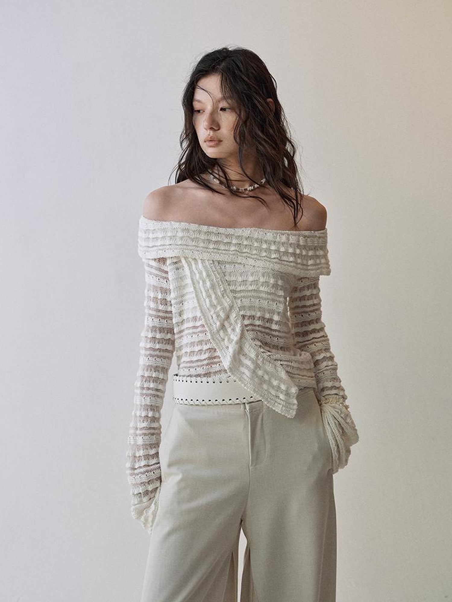 AnnoMundi Lace Trimmed Semi Sheer Knitted Bardot V-Neck Top
