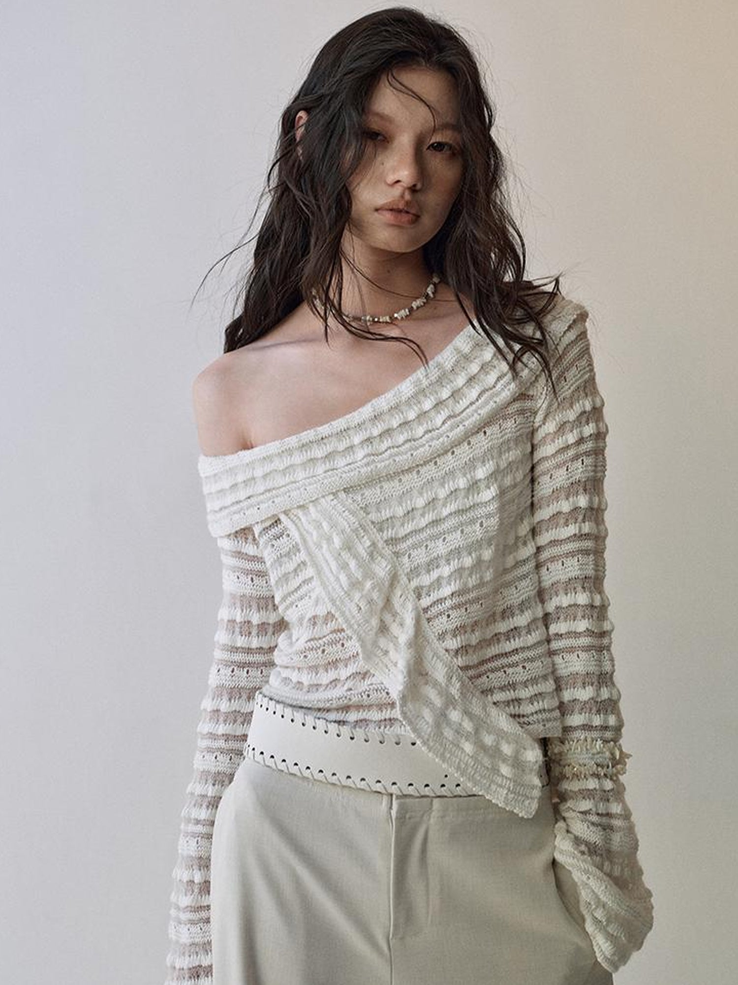 AnnoMundi Lace Trimmed Semi Sheer Knitted Bardot V Neck Top