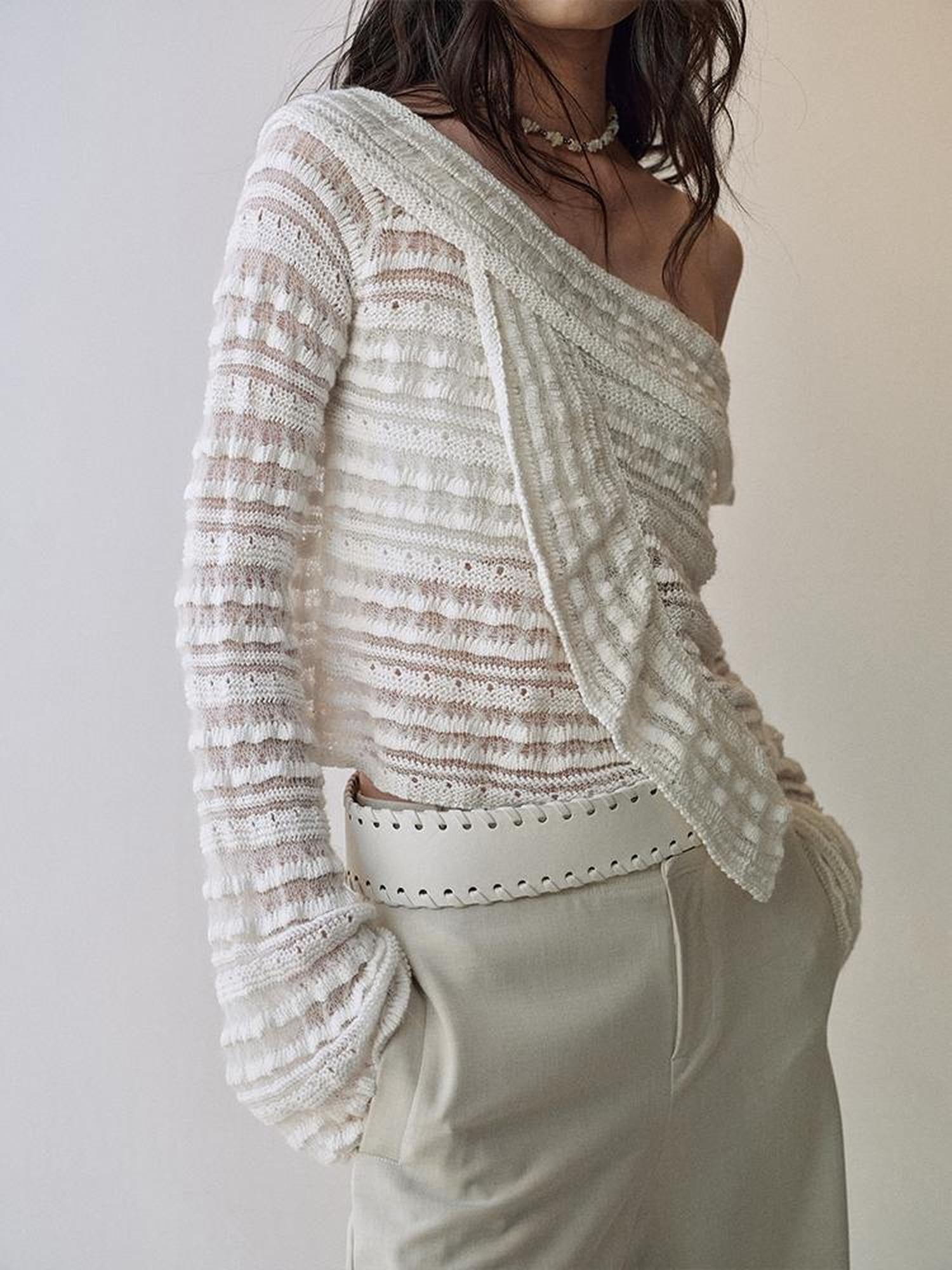 AnnoMundi Lace Trimmed Semi Sheer Knitted Bardot V Neck Top
