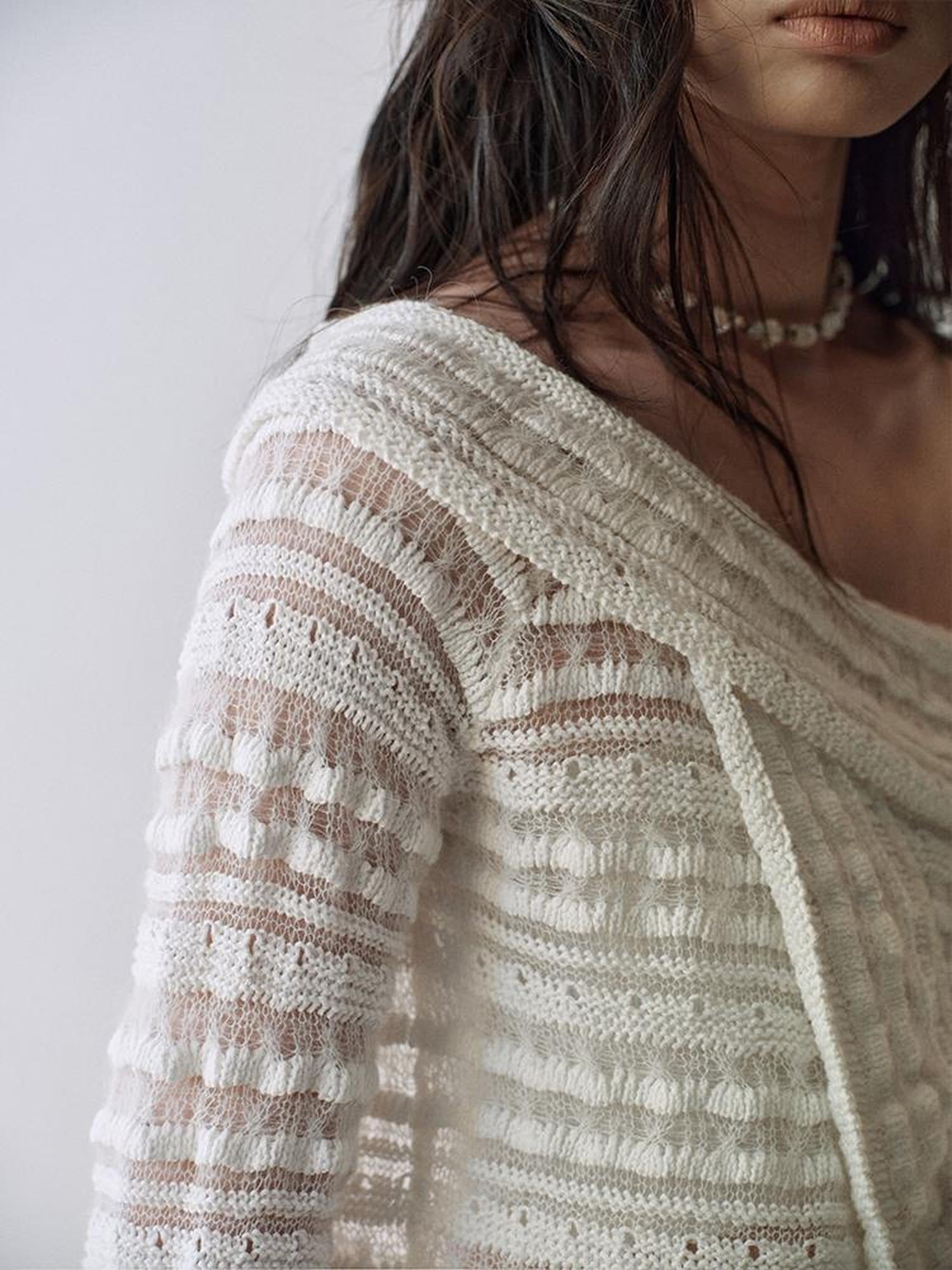 AnnoMundi Lace Trimmed Semi Sheer Knitted Bardot V Neck Top