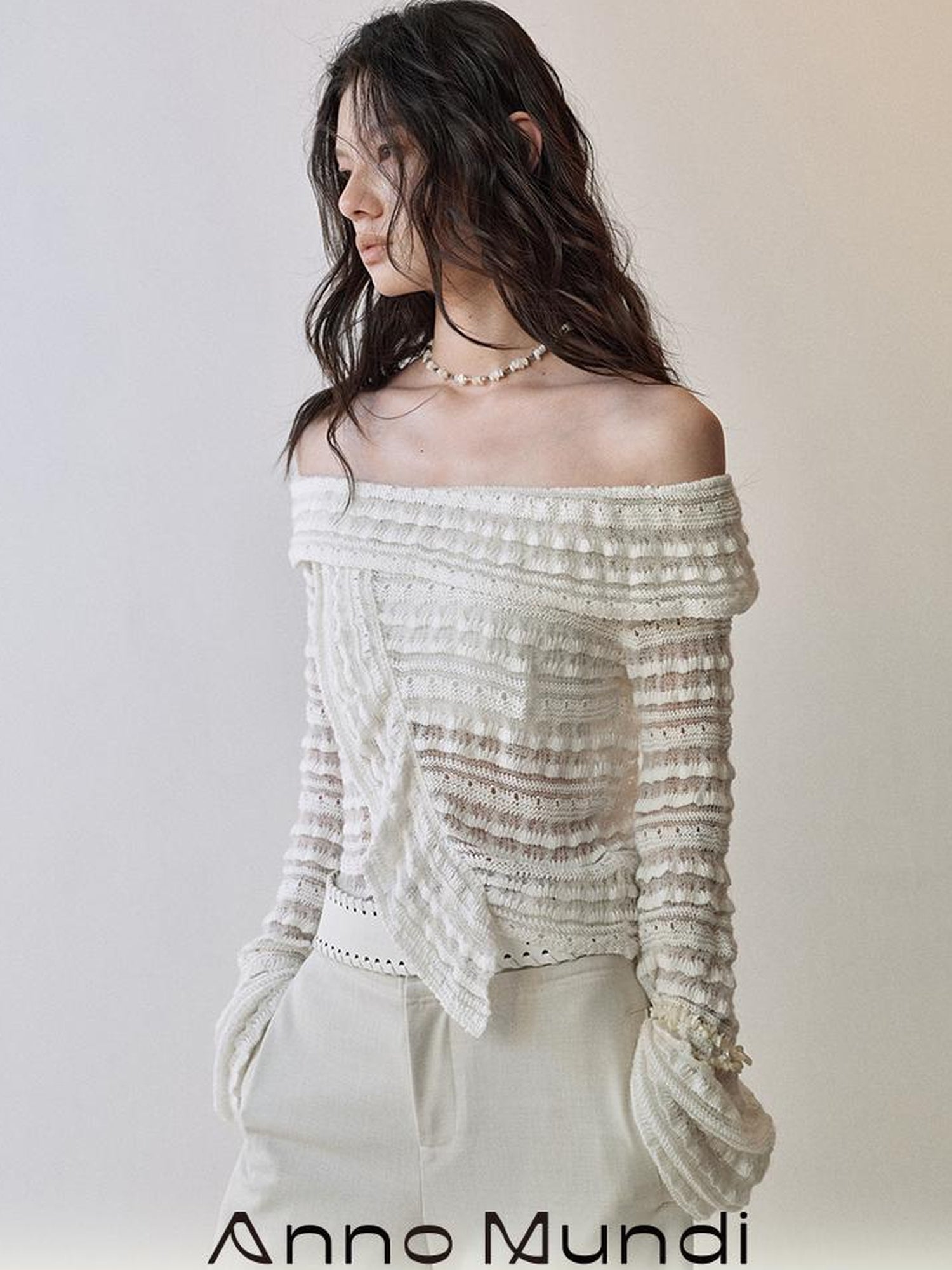 AnnoMundi Lace Trimmed Semi Sheer Knitted Bardot V Neck Top