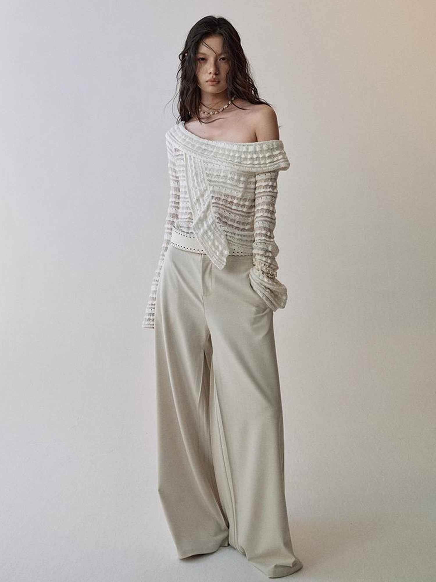 AnnoMundi Lace Trimmed Semi Sheer Knitted Bardot V-Neck Top