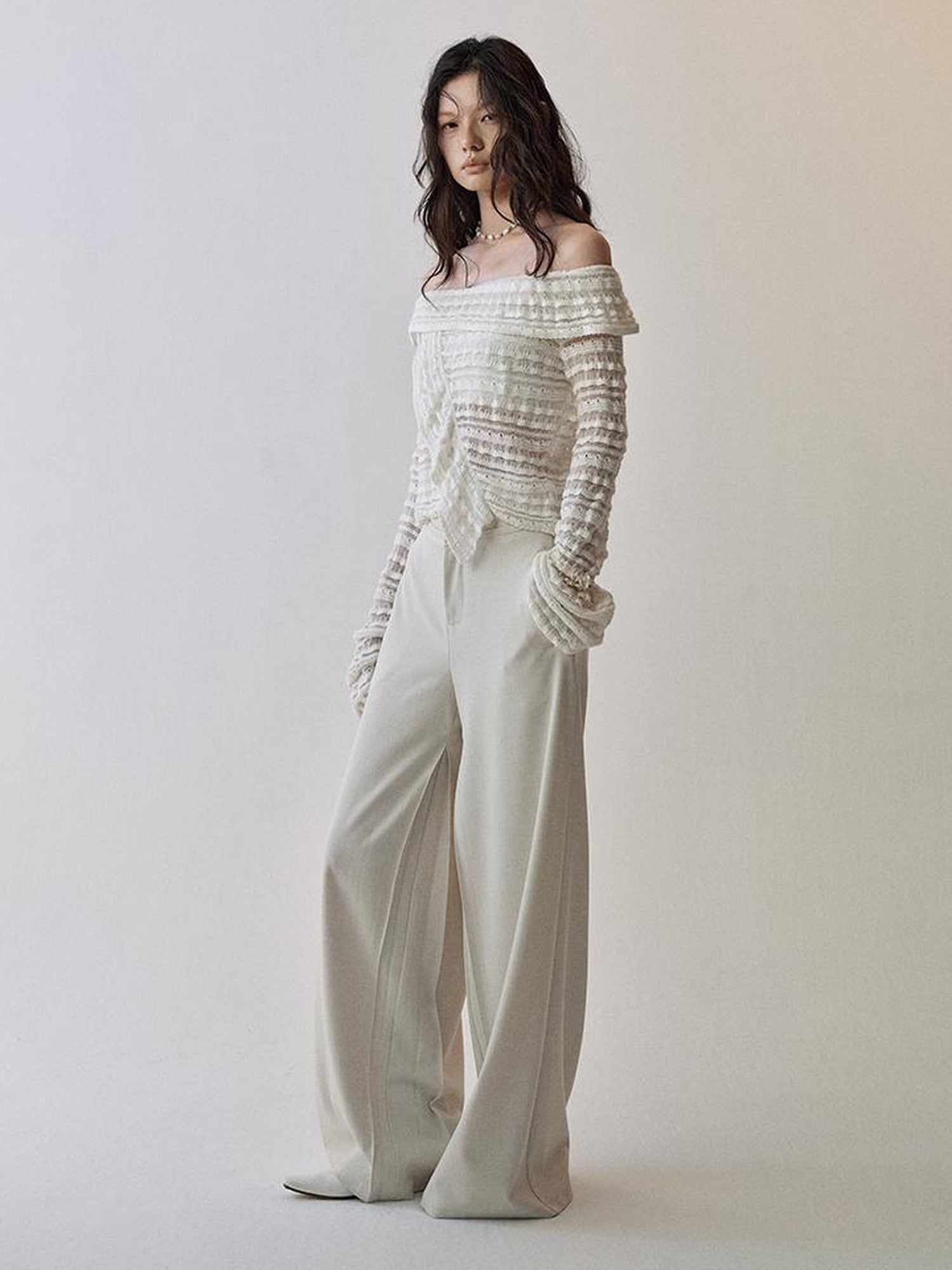 AnnoMundi Lace Trimmed Semi Sheer Knitted Bardot V Neck Top