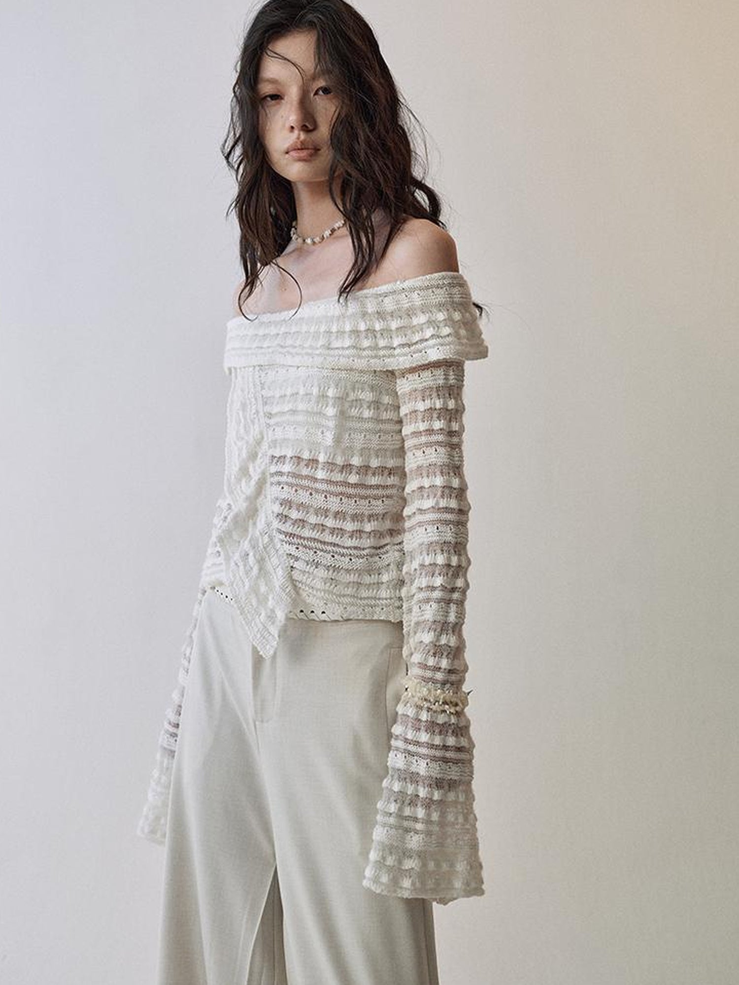 AnnoMundi Lace Trimmed Semi Sheer Knitted Bardot V Neck Top