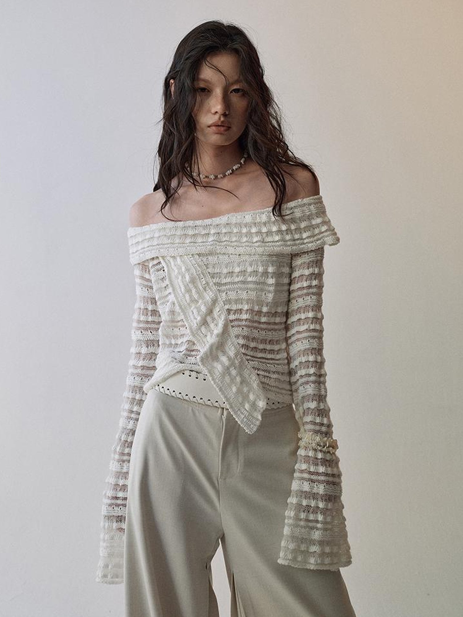 AnnoMundi Lace Trimmed Semi Sheer Knitted Bardot V Neck Top