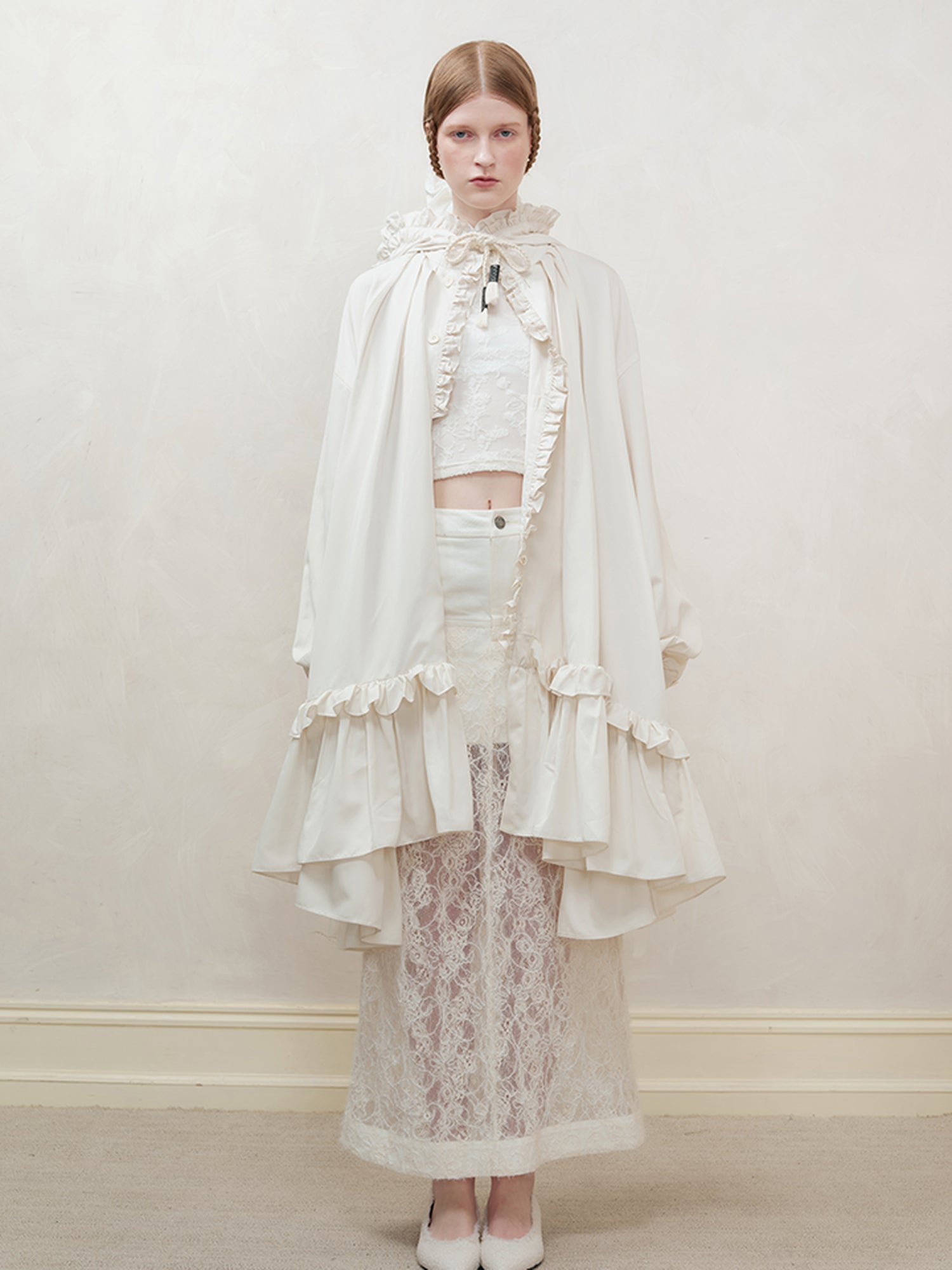 AnnoMundi Lace Trimmed Sheer Denim Midi Skirt