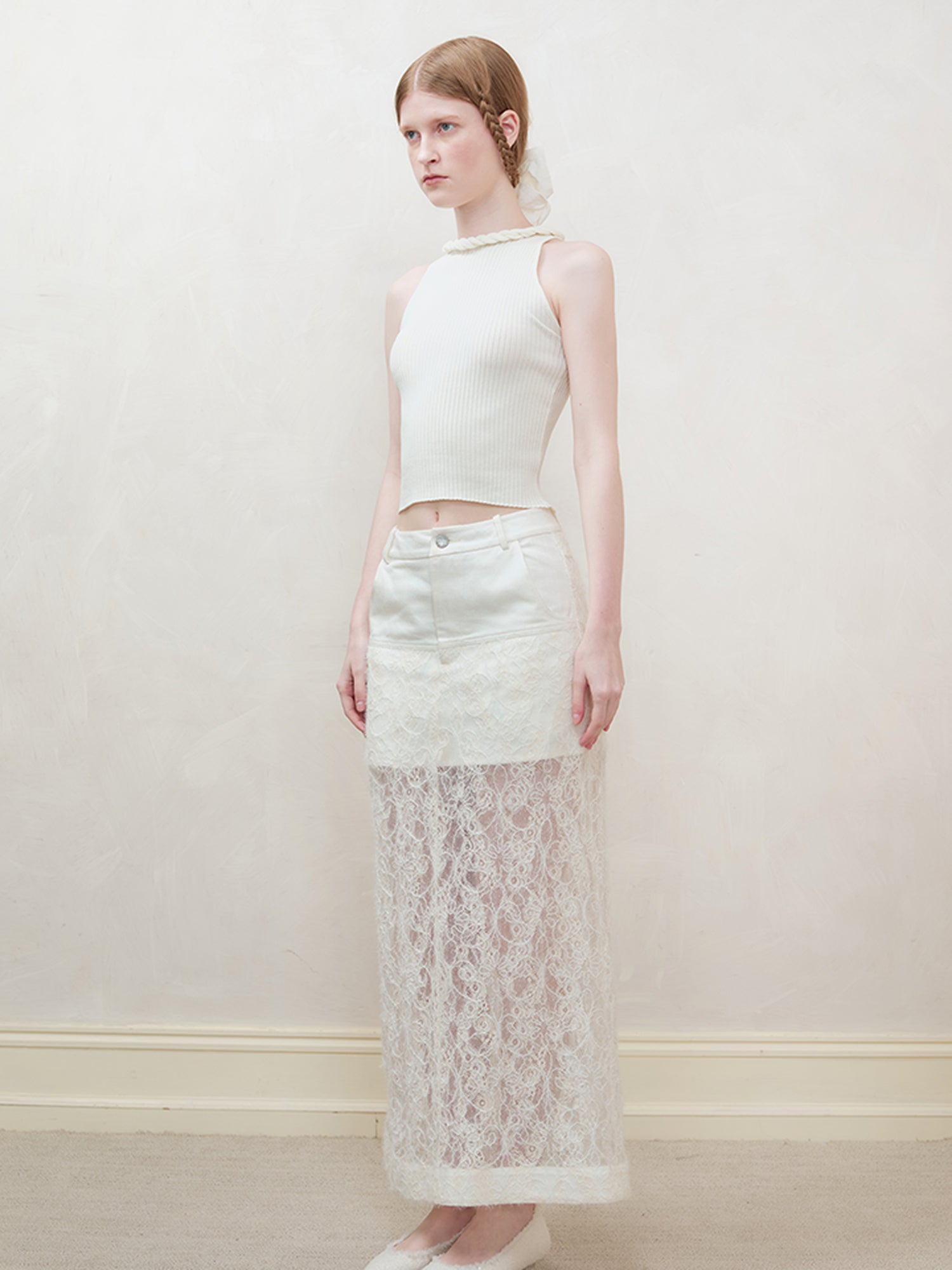 AnnoMundi Lace Trimmed Sheer Denim Midi Skirt