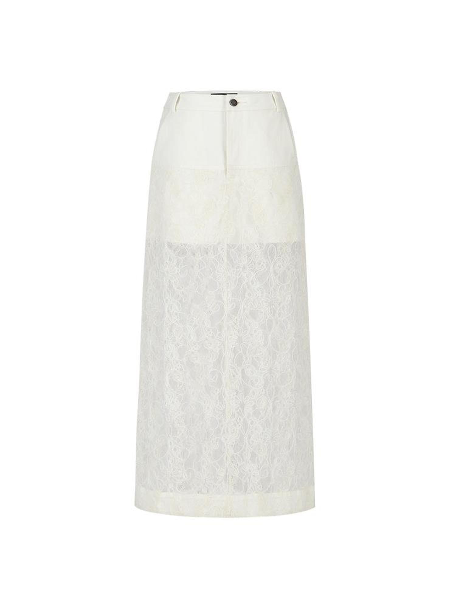 AnnoMundi Lace Trimmed Sheer Denim Midi Skirt