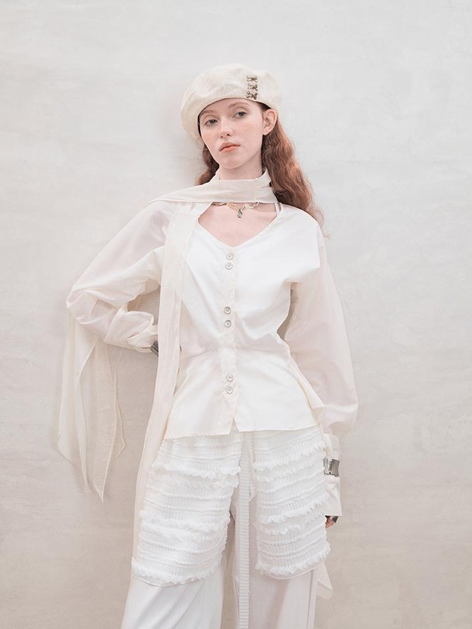 AnnoMundi Lace Trimmed Waist Tie Convertible Blouse
