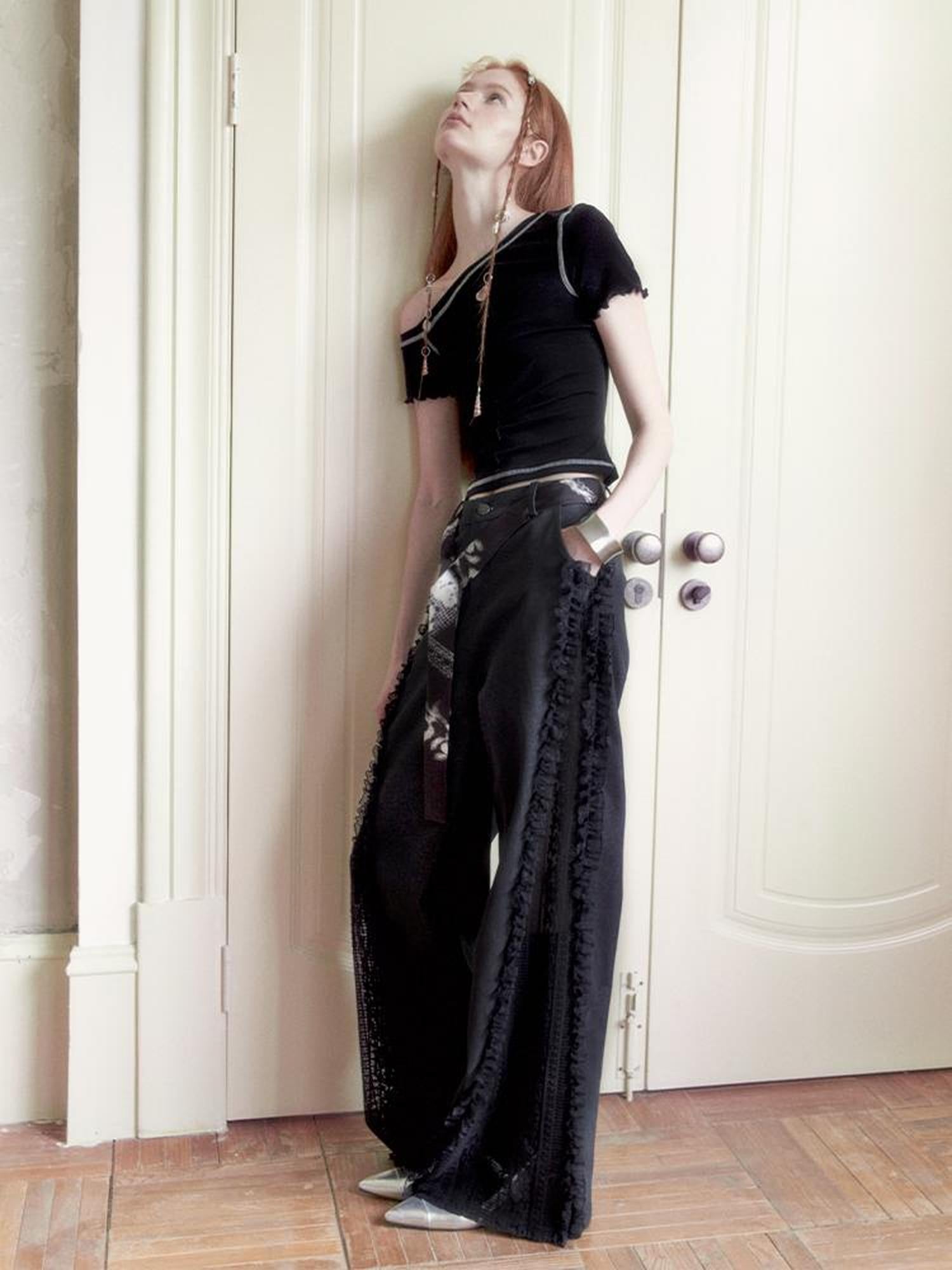 AnnoMundi Lace Trimmed Wide Leg Trousers with Artistic Flair