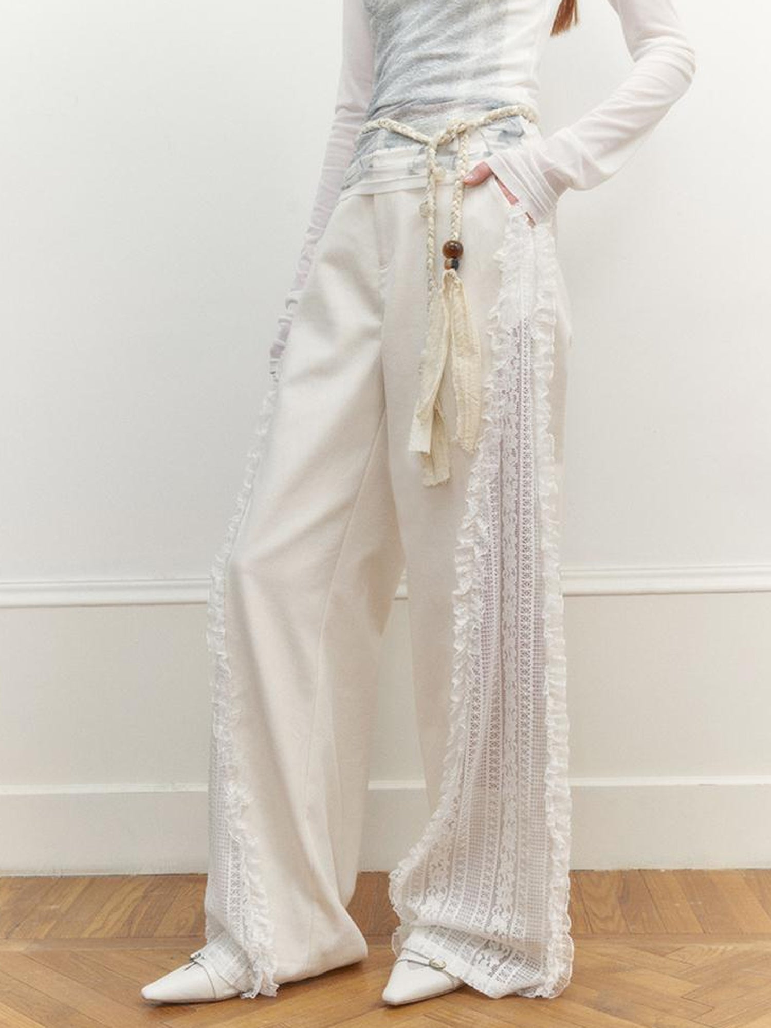 AnnoMundi Lace Trimmed Wide Leg Trousers with Artistic Flair
