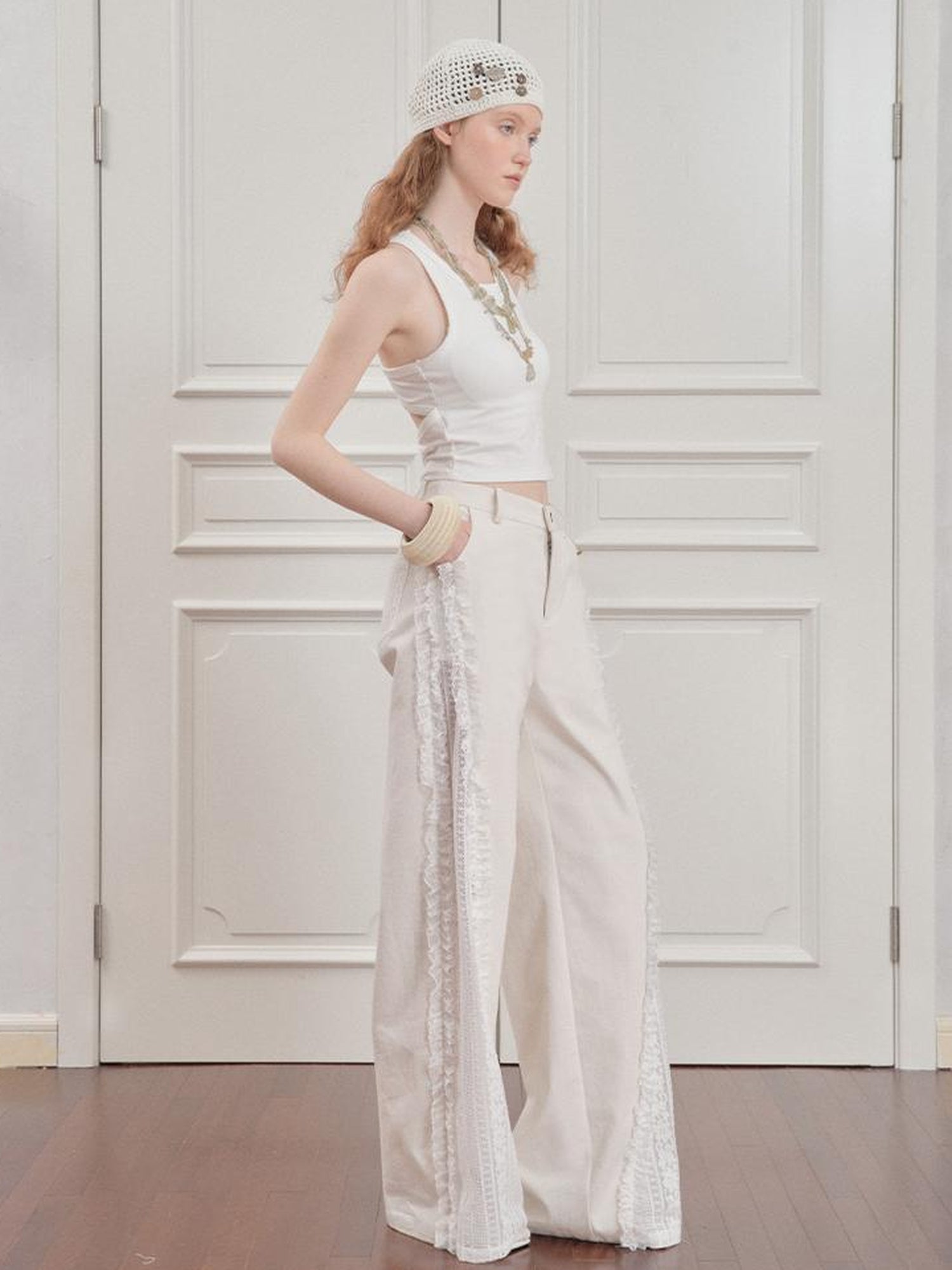 AnnoMundi Lace Trimmed Wide Leg Trousers with Artistic Flair