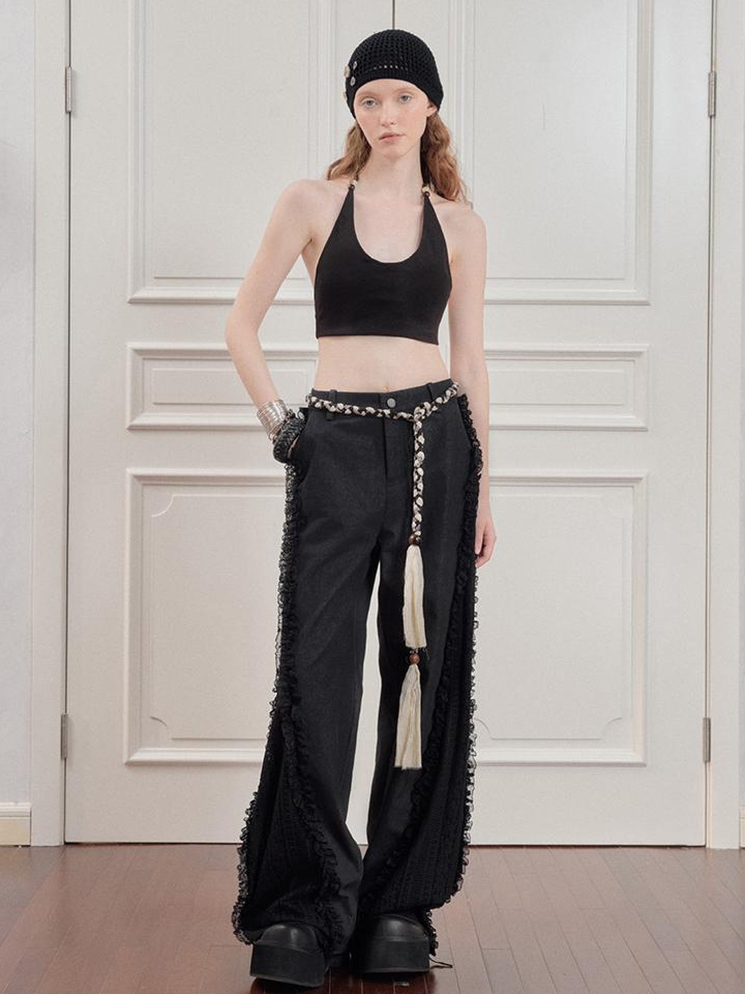 AnnoMundi Lace Trimmed Wide Leg Trousers with Artistic Flair