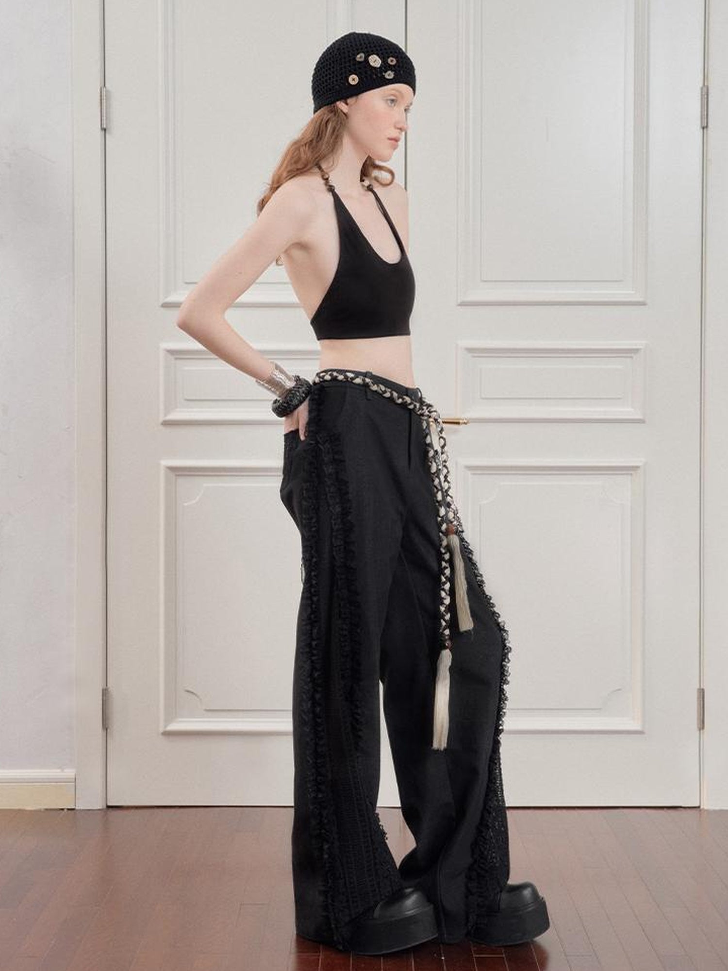 AnnoMundi Lace Trimmed Wide Leg Trousers with Artistic Flair