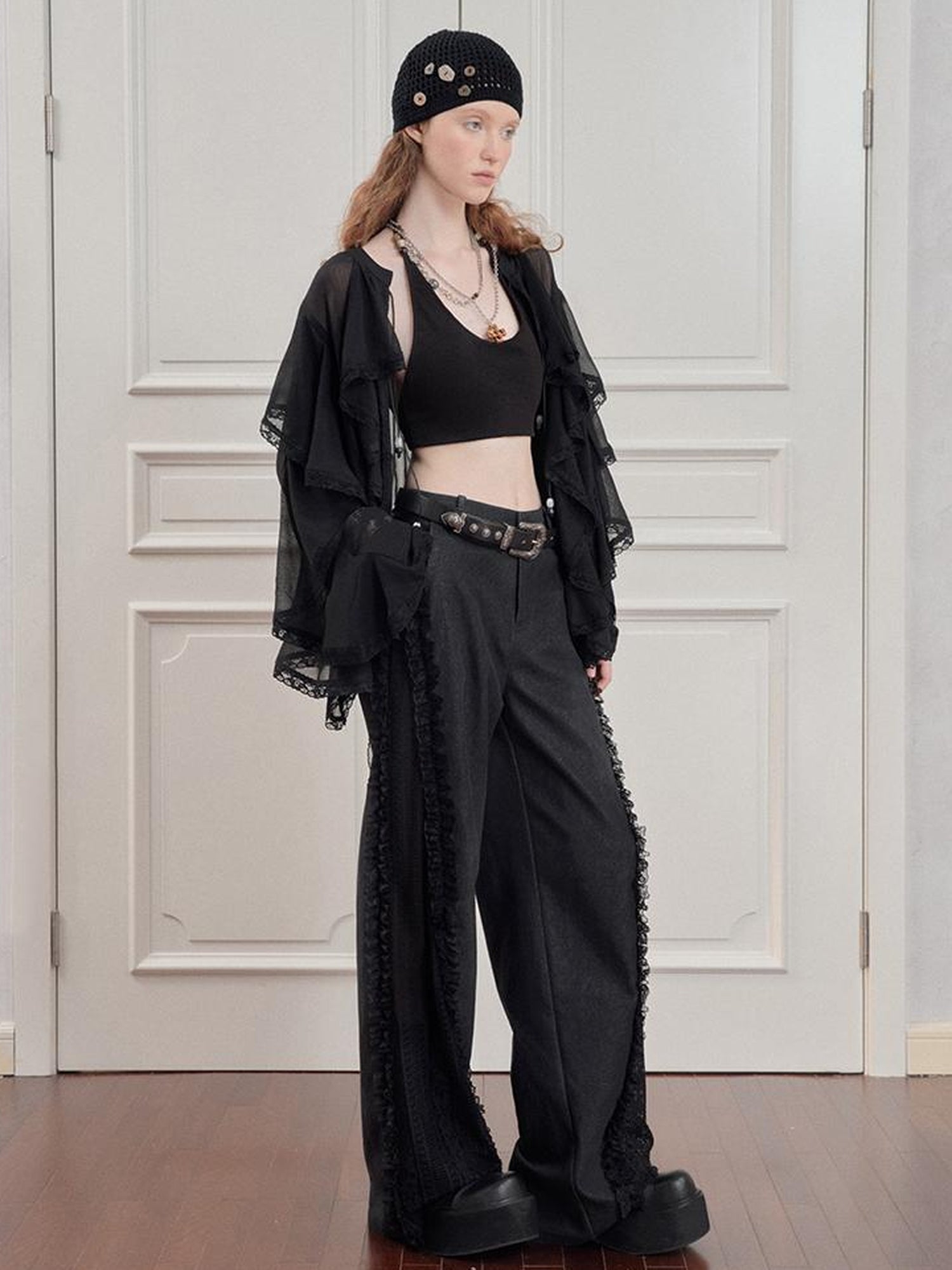 AnnoMundi Lace Trimmed Wide Leg Trousers with Artistic Flair
