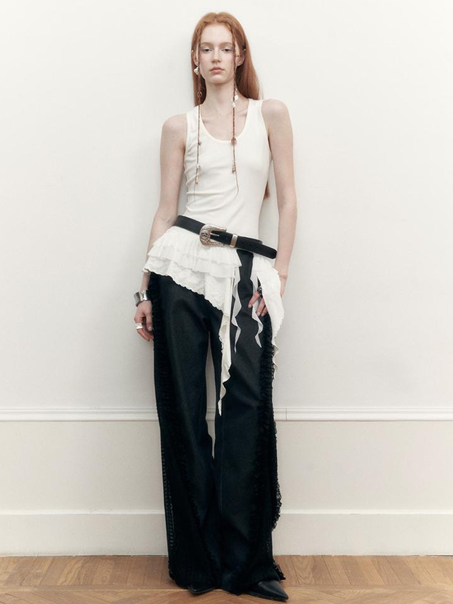AnnoMundi Lace Trimmed Wide Leg Trousers with Artistic Flair