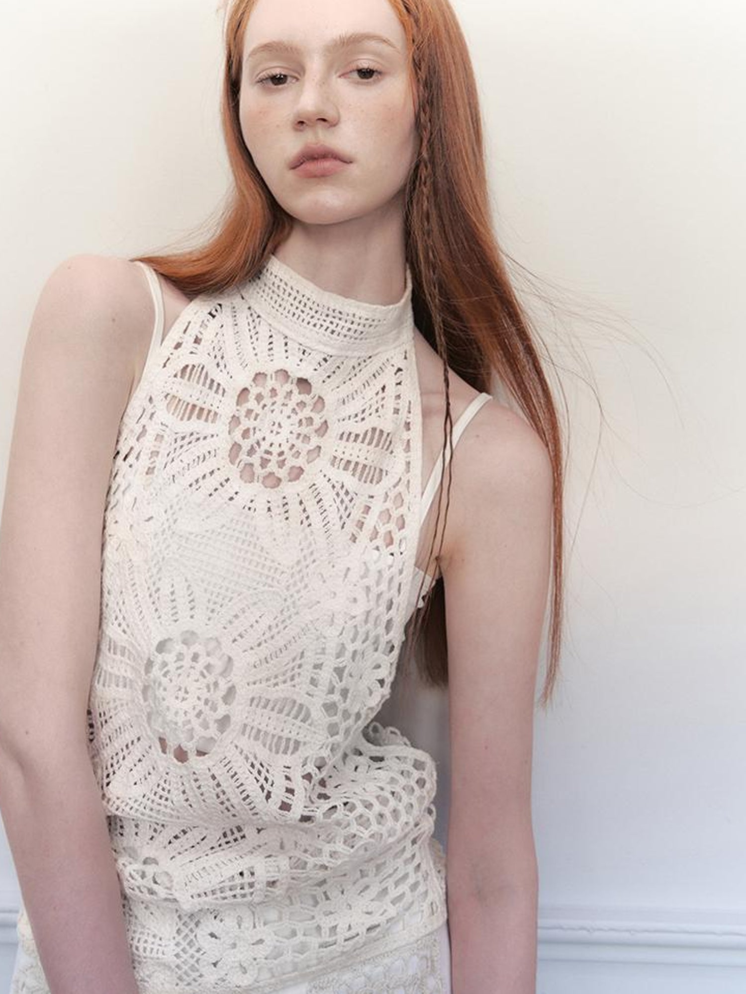 AnnoMundi Lacework Lattice Halter Top V-Neck T-Shirt Long Sleeve