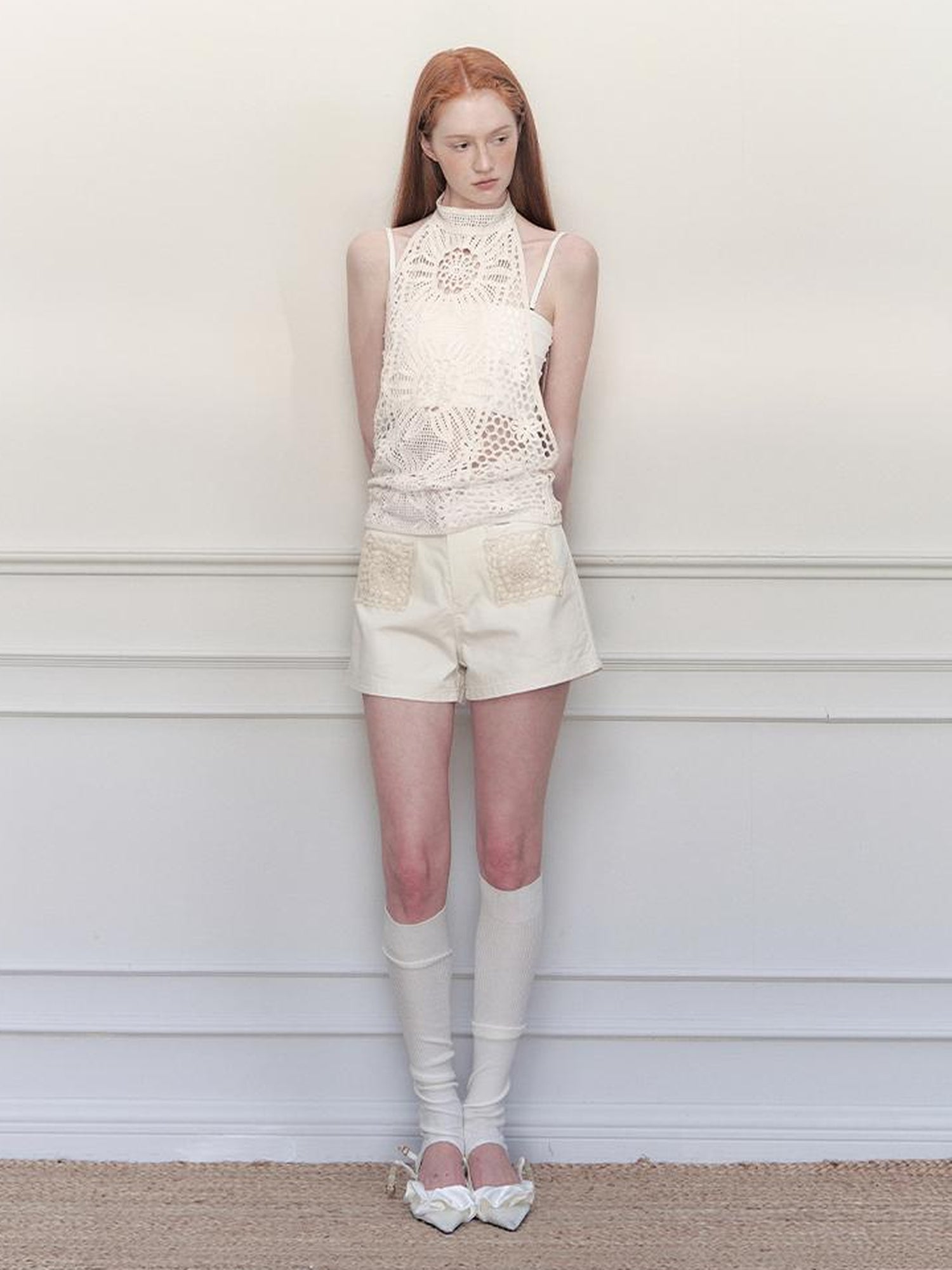 AnnoMundi Lacework Lattice Halter Top V-Neck T-Shirt Long Sleeve