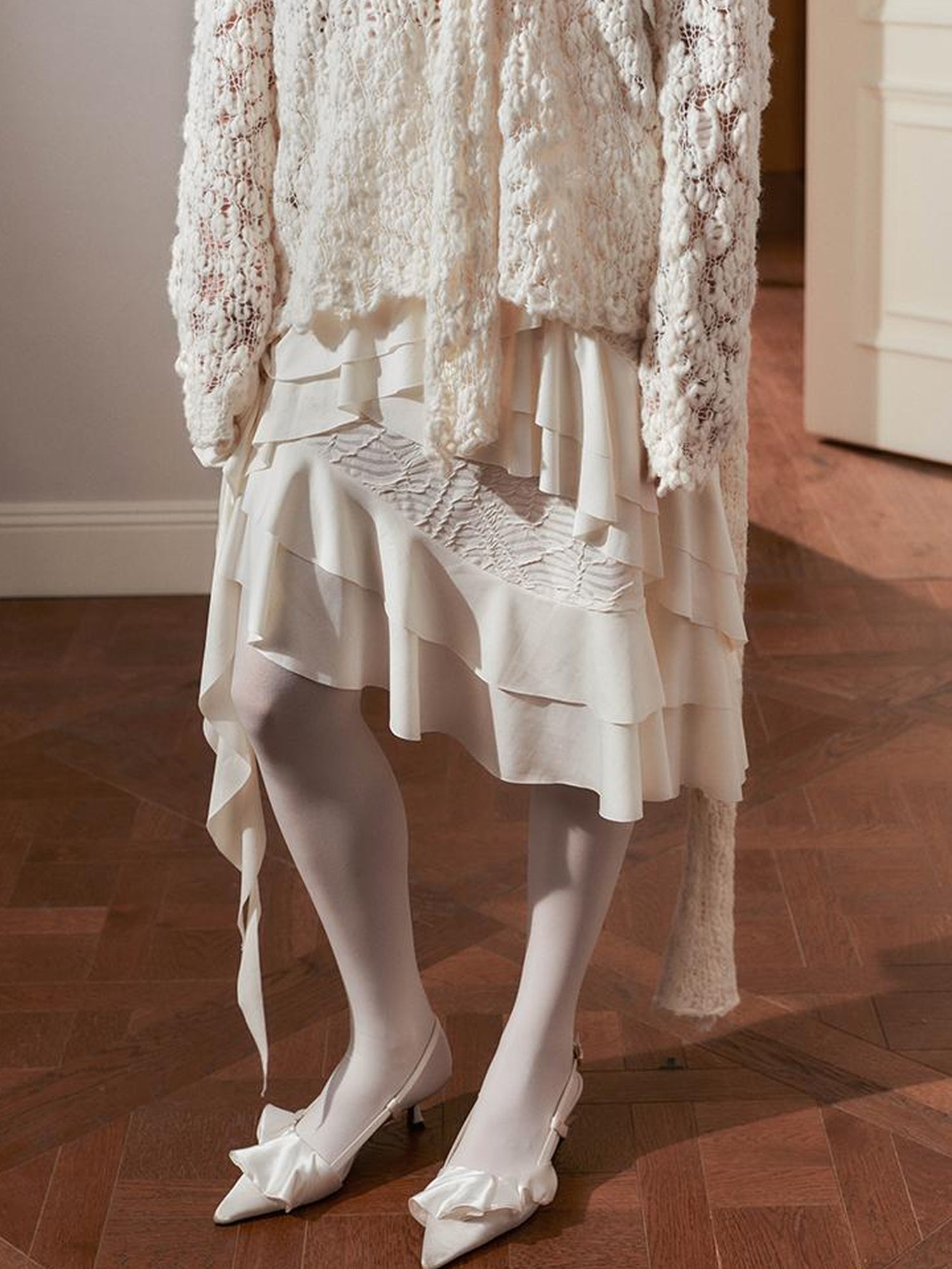 AnnoMundi Layered Lace Bow Tie Asymmetric Hem Skirt