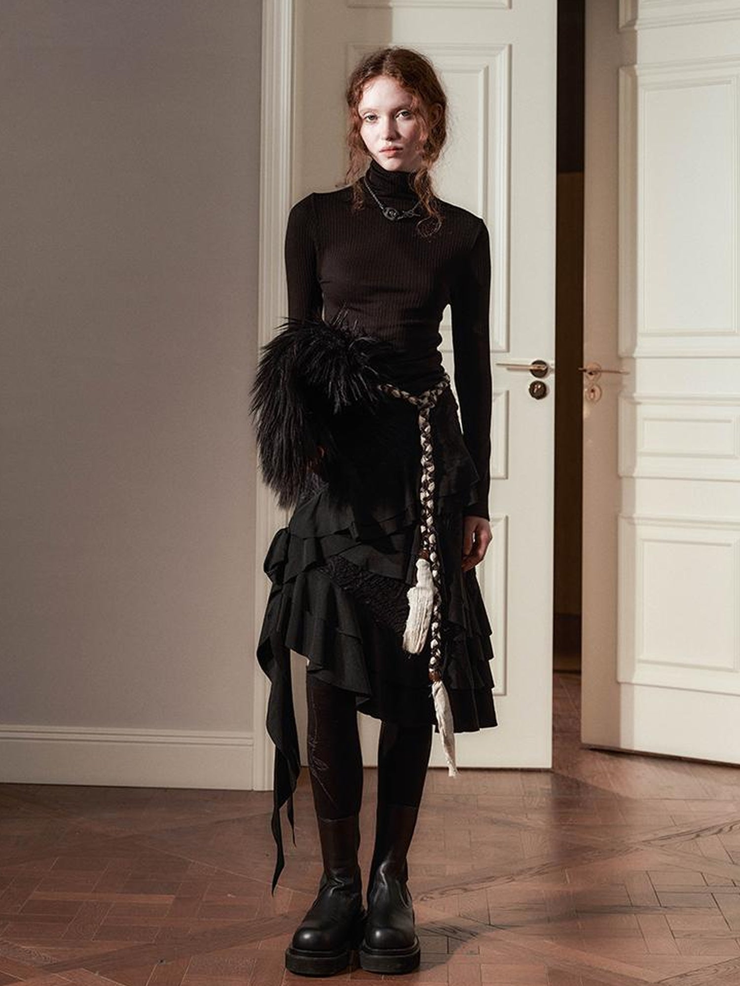 AnnoMundi Layered Lace Bow Tie Asymmetric Hem Skirt