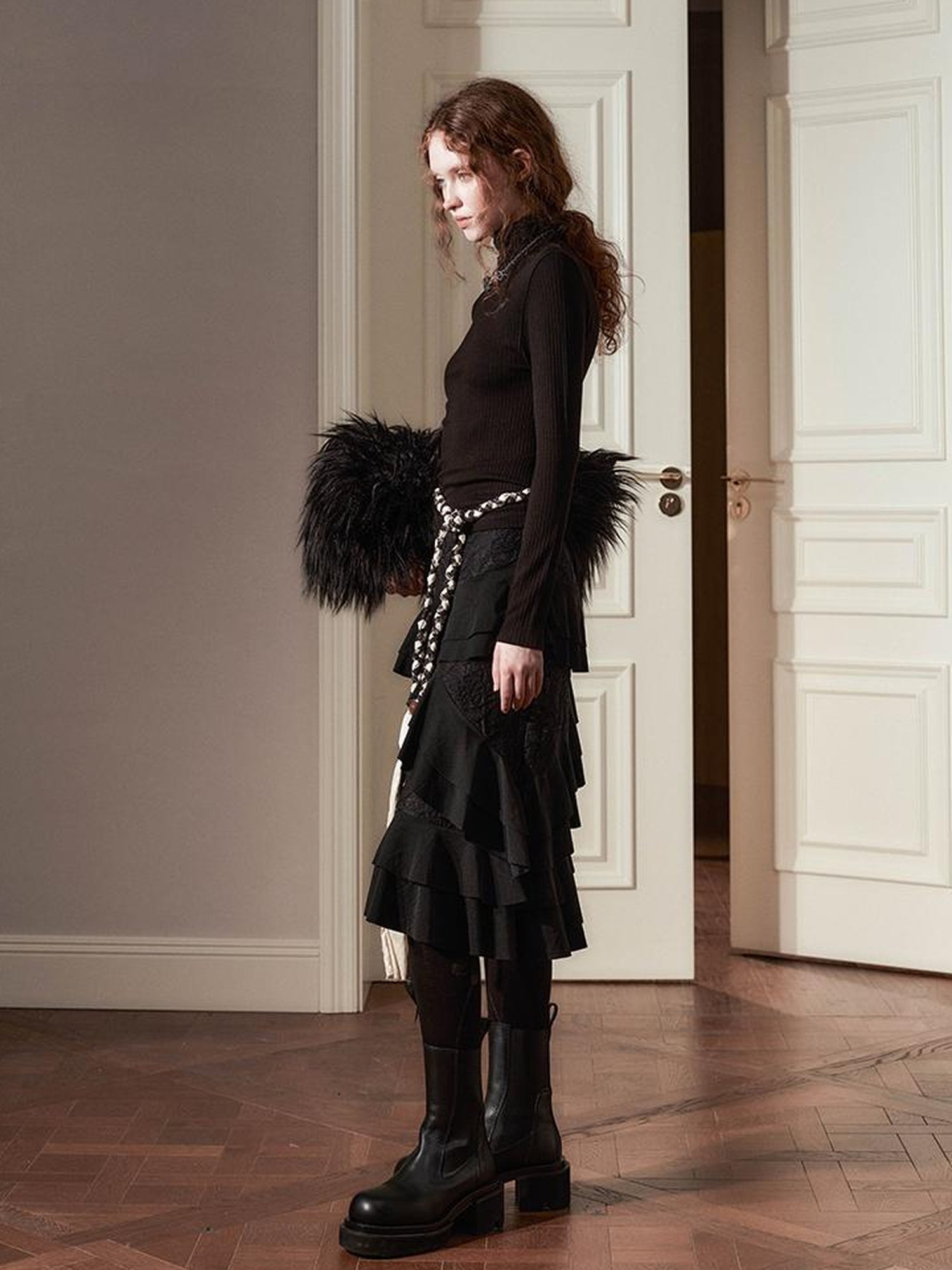 AnnoMundi Layered Lace Bow Tie Asymmetric Hem Skirt