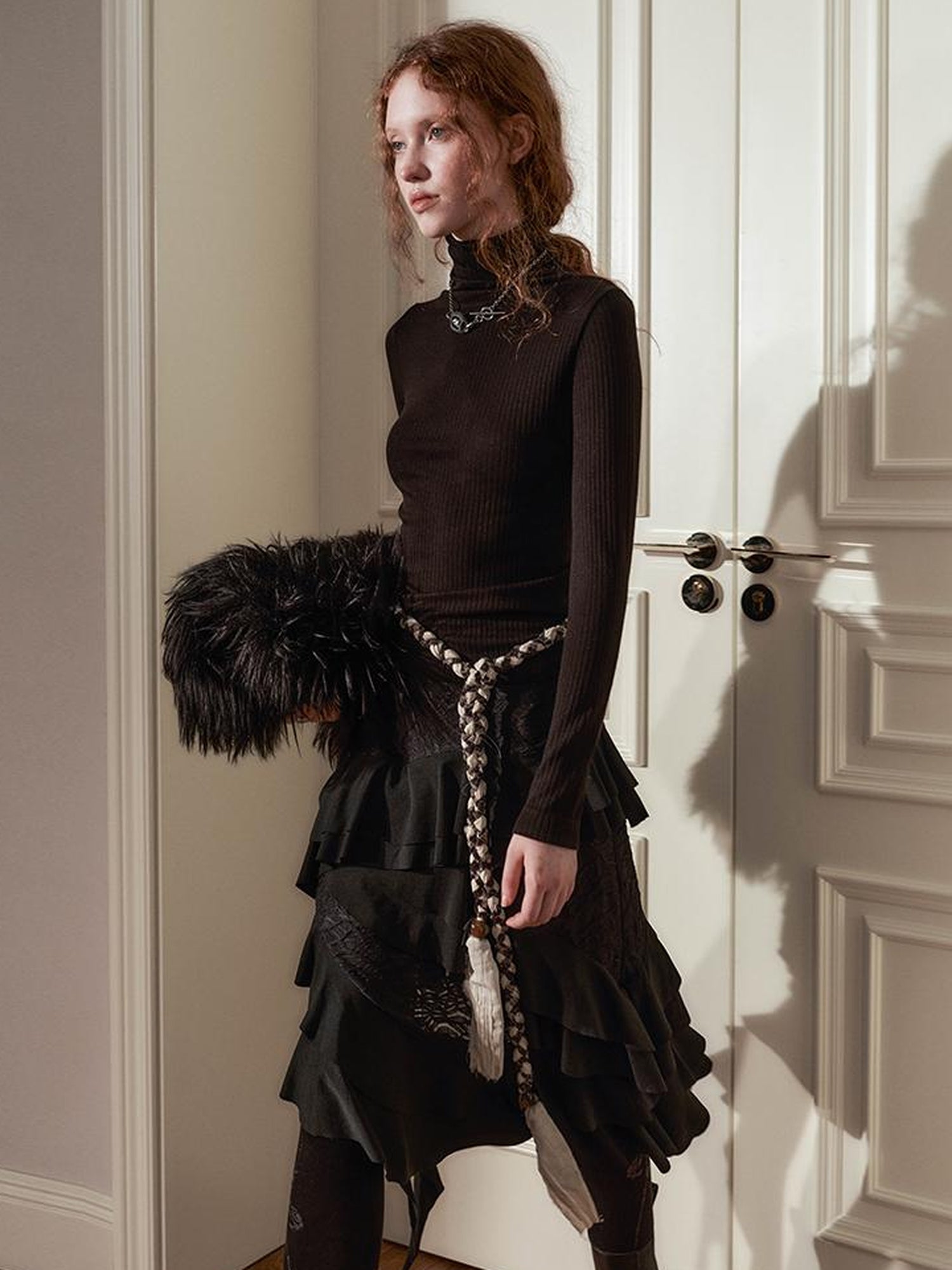 AnnoMundi Layered Lace Bow Tie Asymmetric Hem Skirt